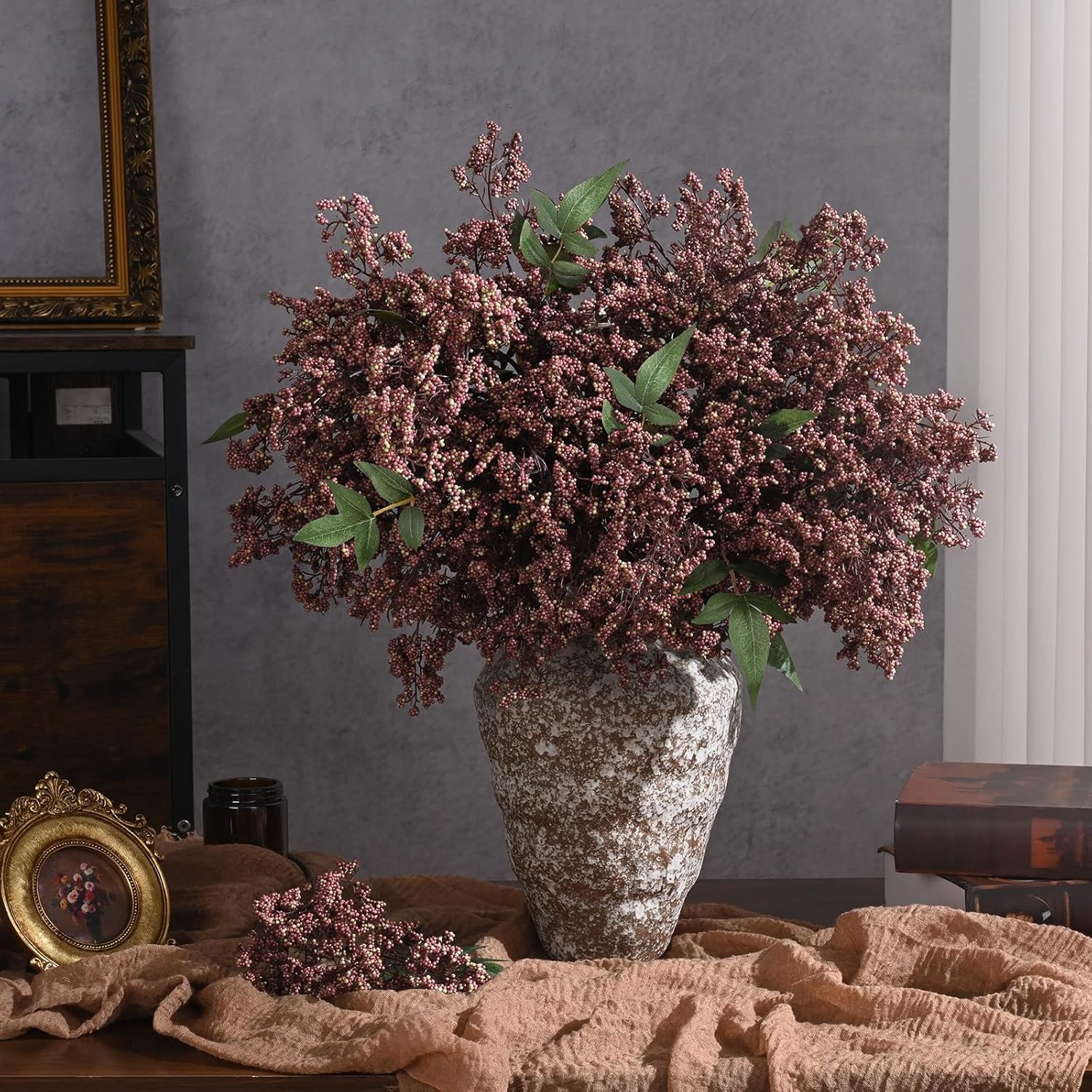43In Faux Berry Stems for Vase, Artificial Nandina Branches Fall Decor Floral Pi