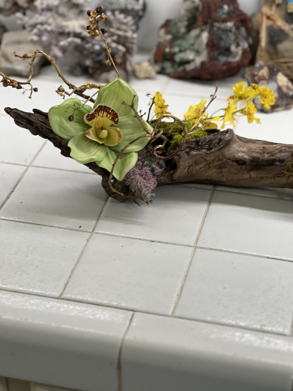 ONE OF A KIND FLORAL ARRANGEMENT REAL WOOD BASE ORCHIDS BITTERSWEET MOSSES