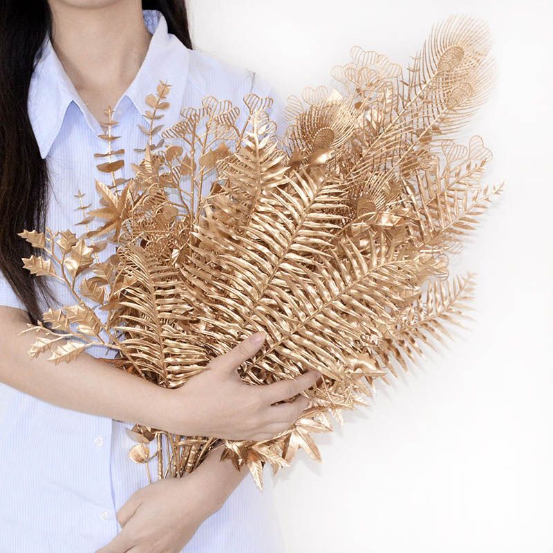 Golden Artificial Maple Eucalyptus Plant Leaves Branch Home Hotel Display Decor