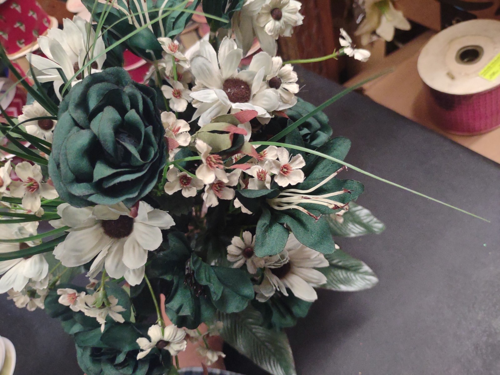 16″ Silk Floral Arrangement Bush, 14 Stems, Rose/Daisy/Tiger Lily, Hunter Green