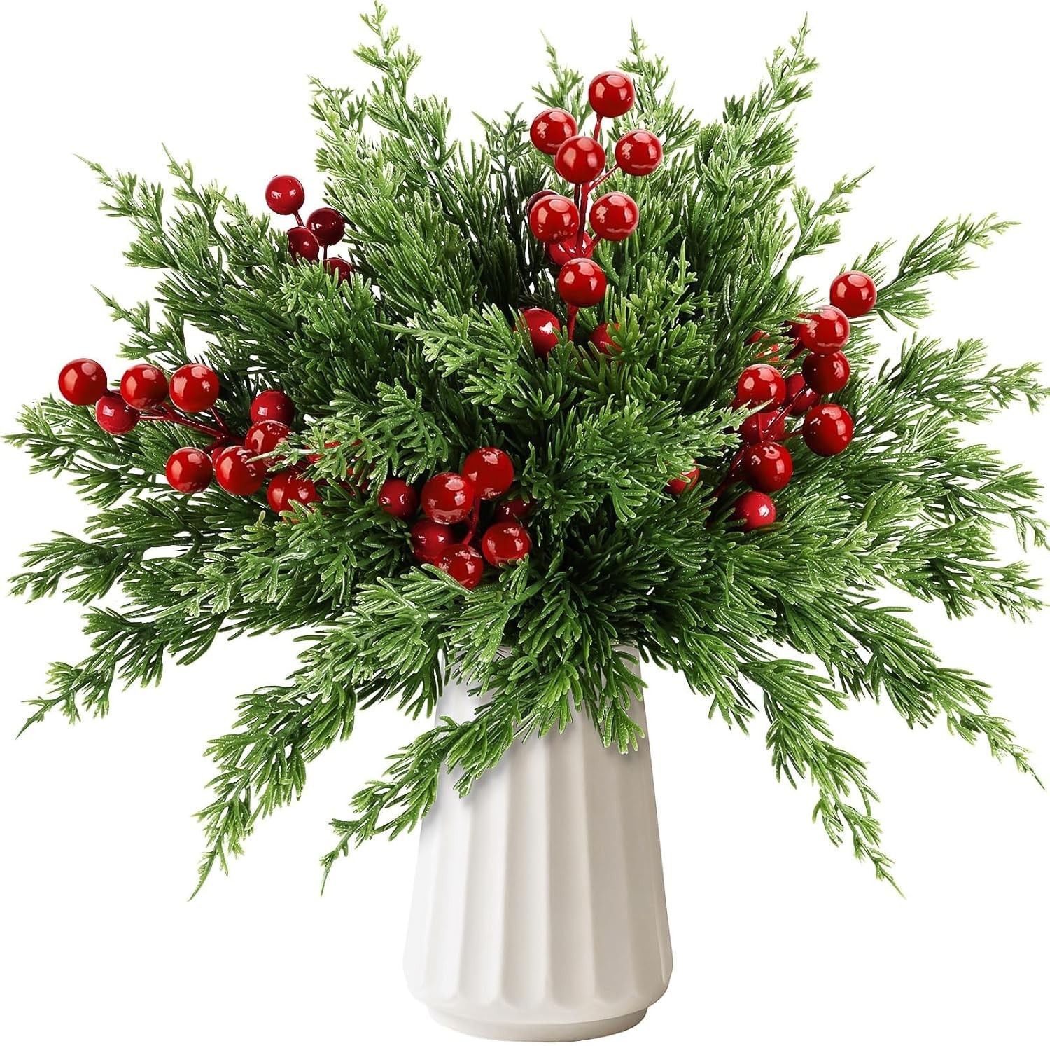 45 PCS Artificial Norfolk Pine Stems with Red Berries Decor, Christmas Greene…