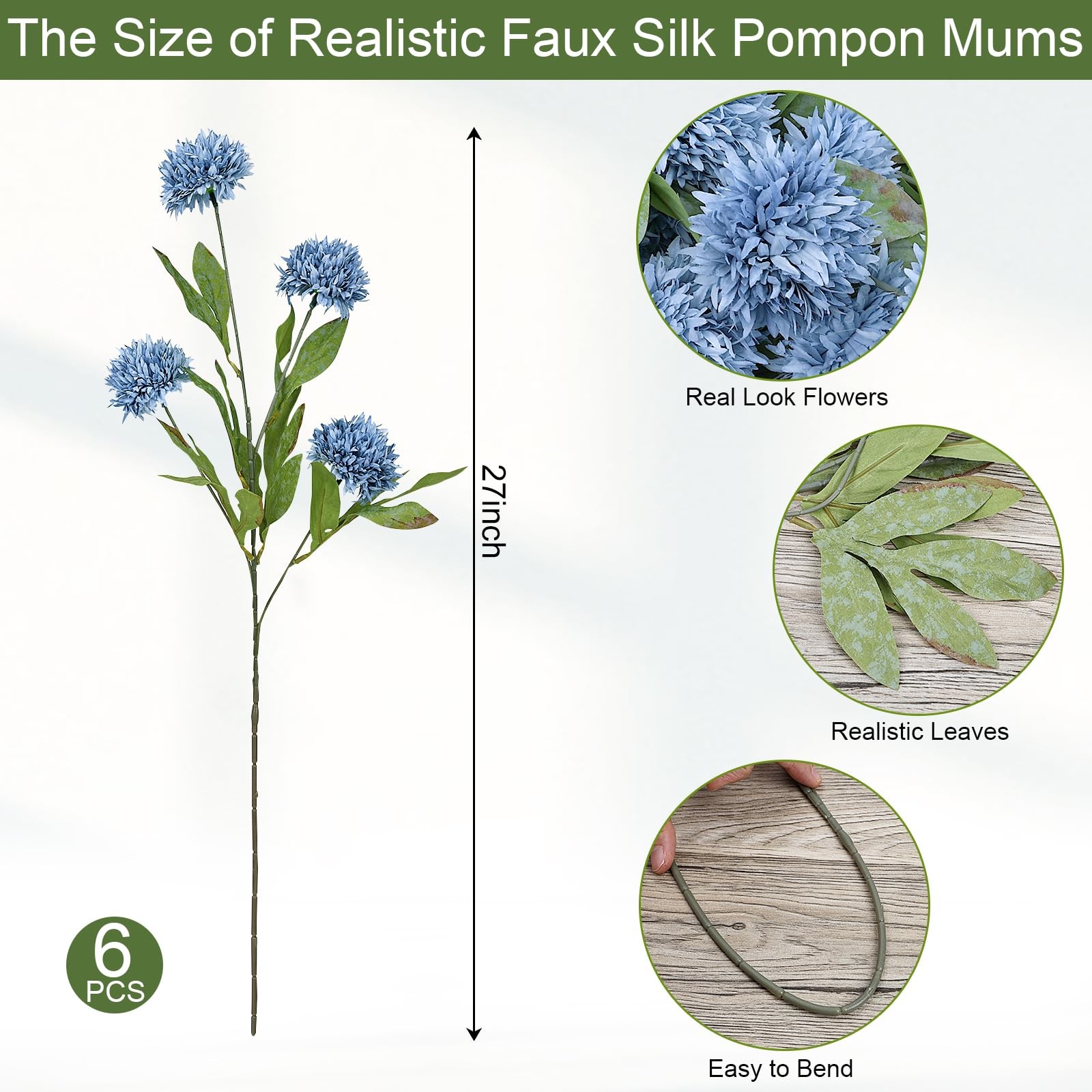 27 PCS Dusty Blue Silk Pompon Mums Artificial Flowers Vase Filler Home Decor