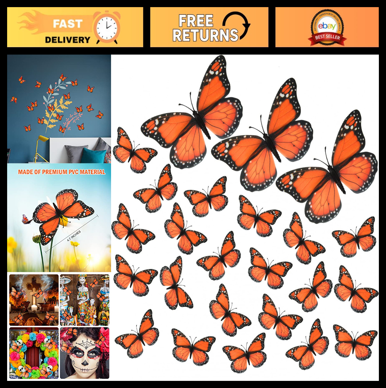24 Pcs Monarch Butterfly Decorations – Orange Fake Butterflies for Crafts, Wall