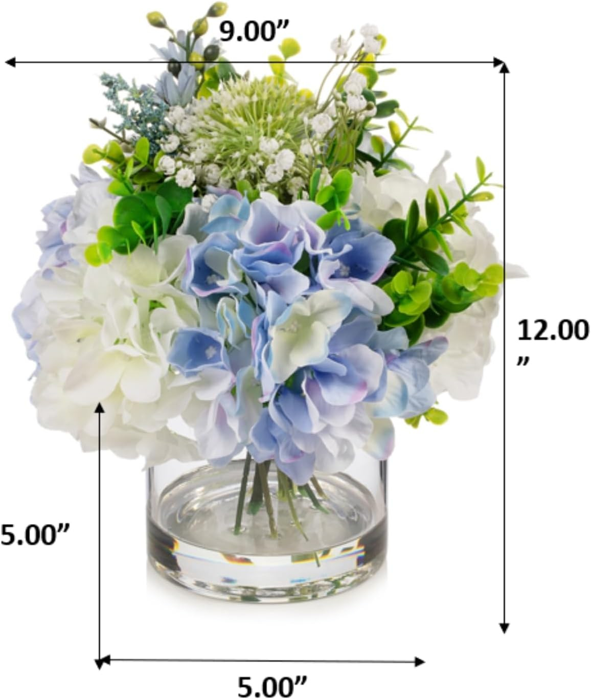 Artificial Hydrangea Flowers in Vase, Mixed White and Blue Silk Hydrangea in Vas