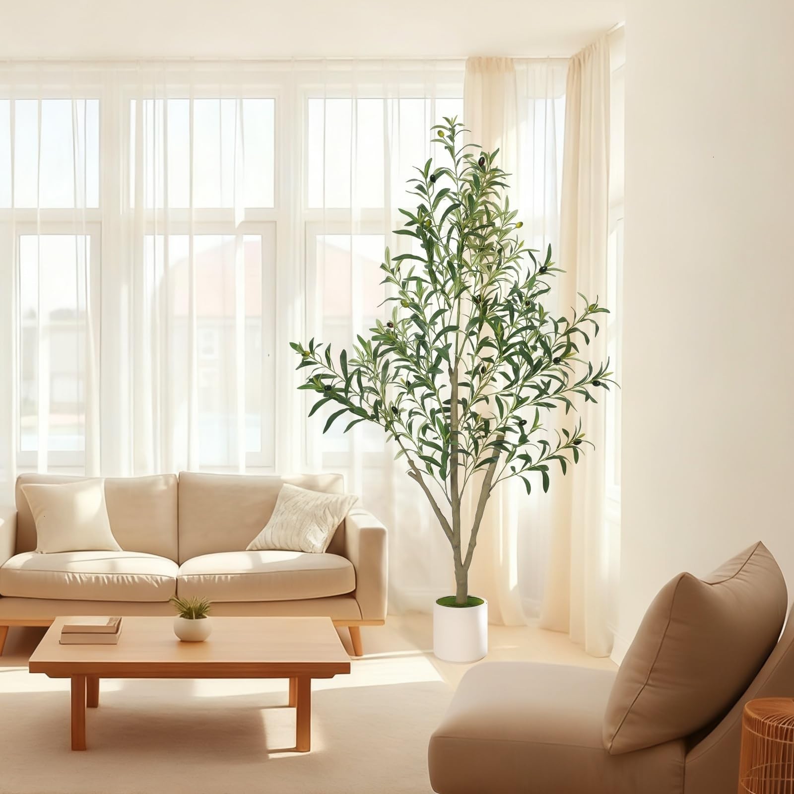Faux Olive Tree 5FT – Artificial Indoor Plant with White Planter – Home Decor
