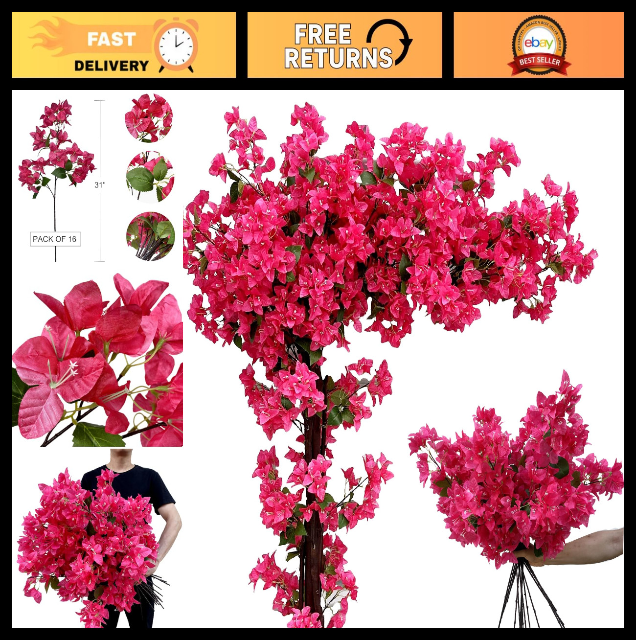 16 Pack Silk Bougainvillea Flower Stems – Fuchsia Long Branches for Home Wedding