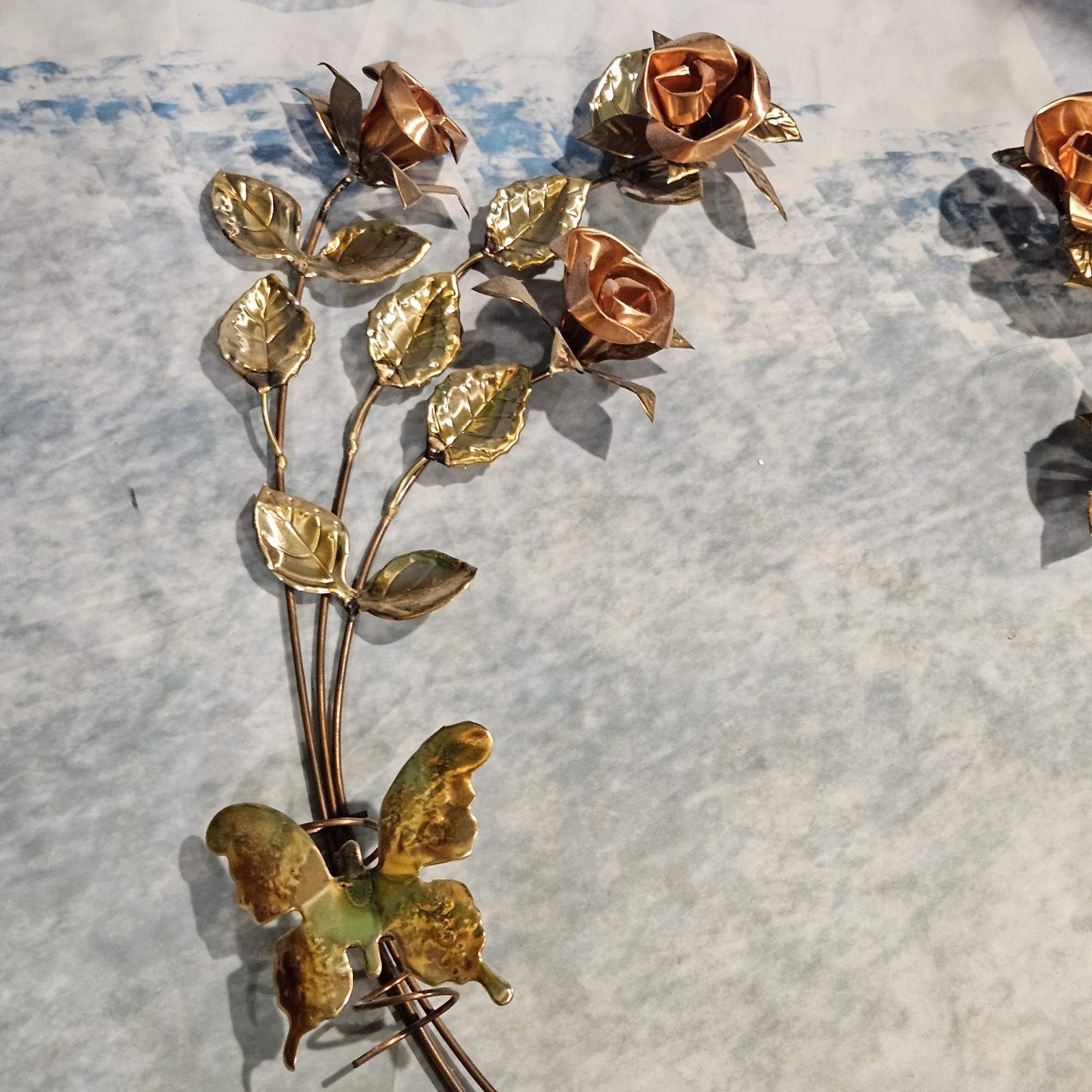 Vintage Metal Rose Wall Decor Gold Copper Butterflies Floral Hanging 20″