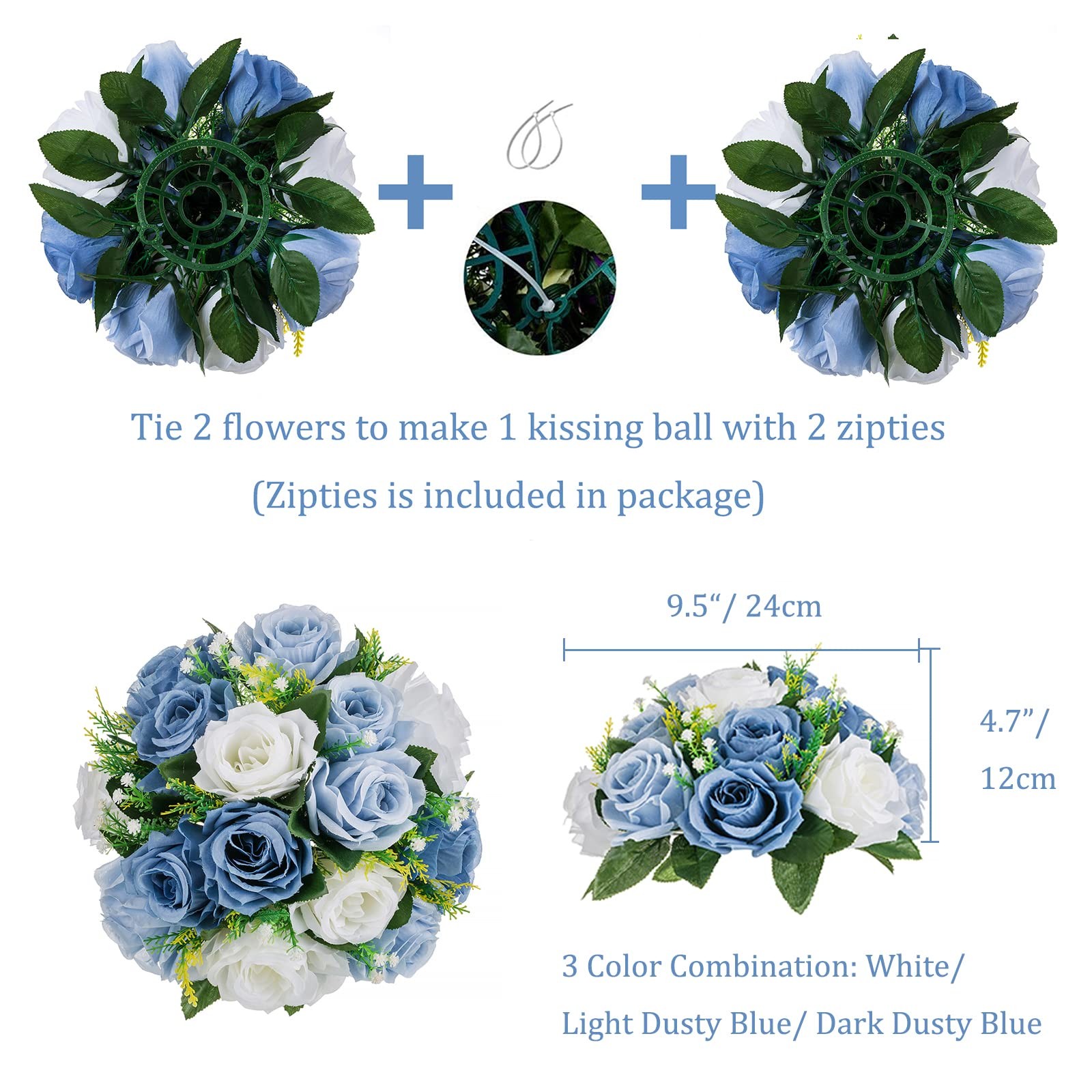 2 PCS Dusty Blue Fake Rose Flower Ball Centerpieces Silk Floral Bouquet