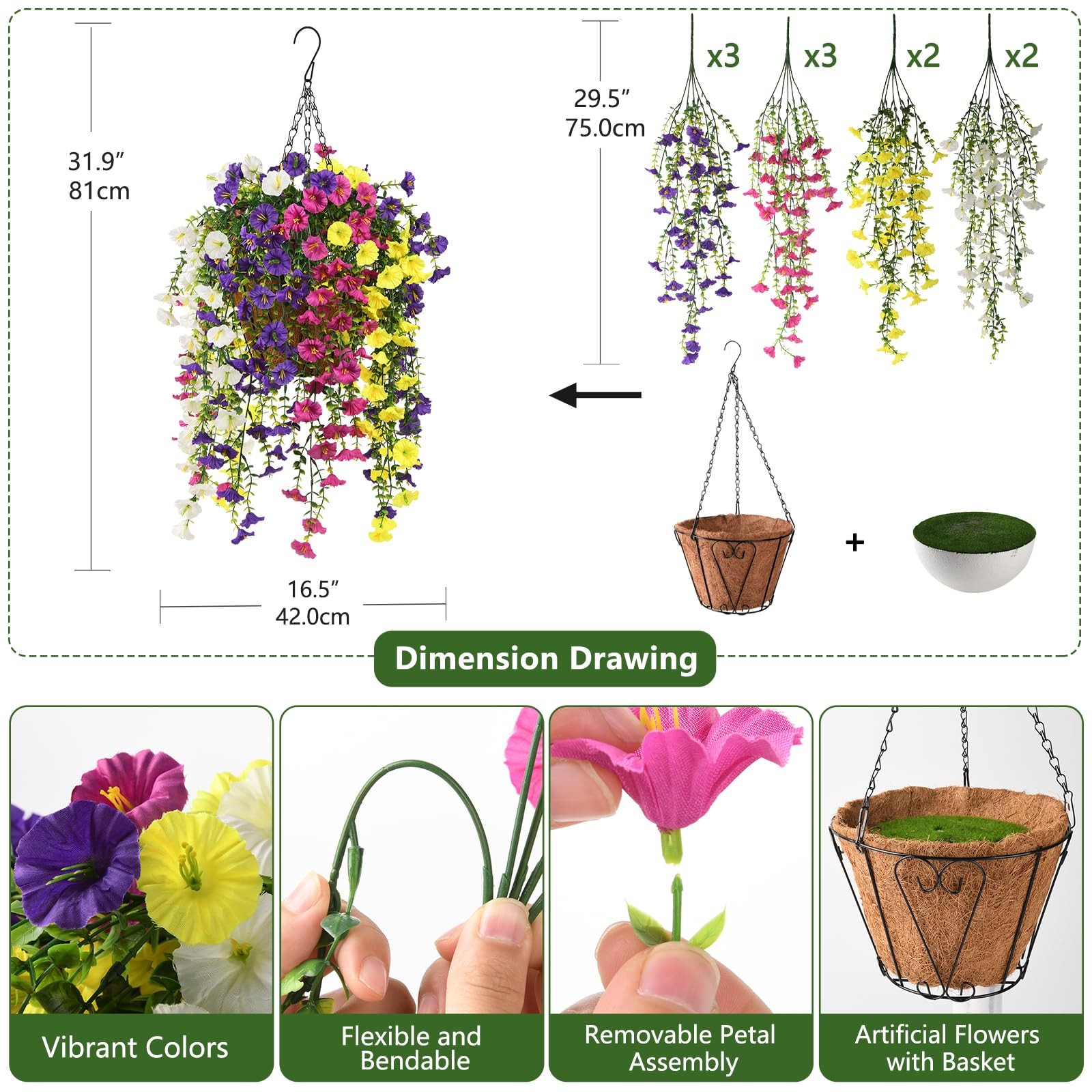 Homsunny Artificial Fake Hanging Flowers Plants Baskets for Outdoor Spring De…
