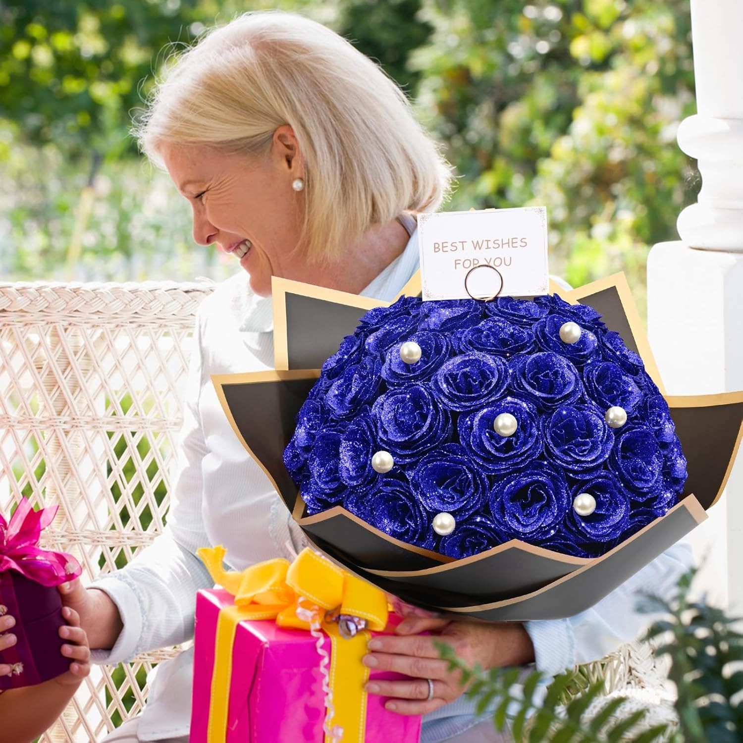 Blue Glitter Roses Bouquet, DIY Fake Flowers Bouquet, Everlasting Shiny Artifici