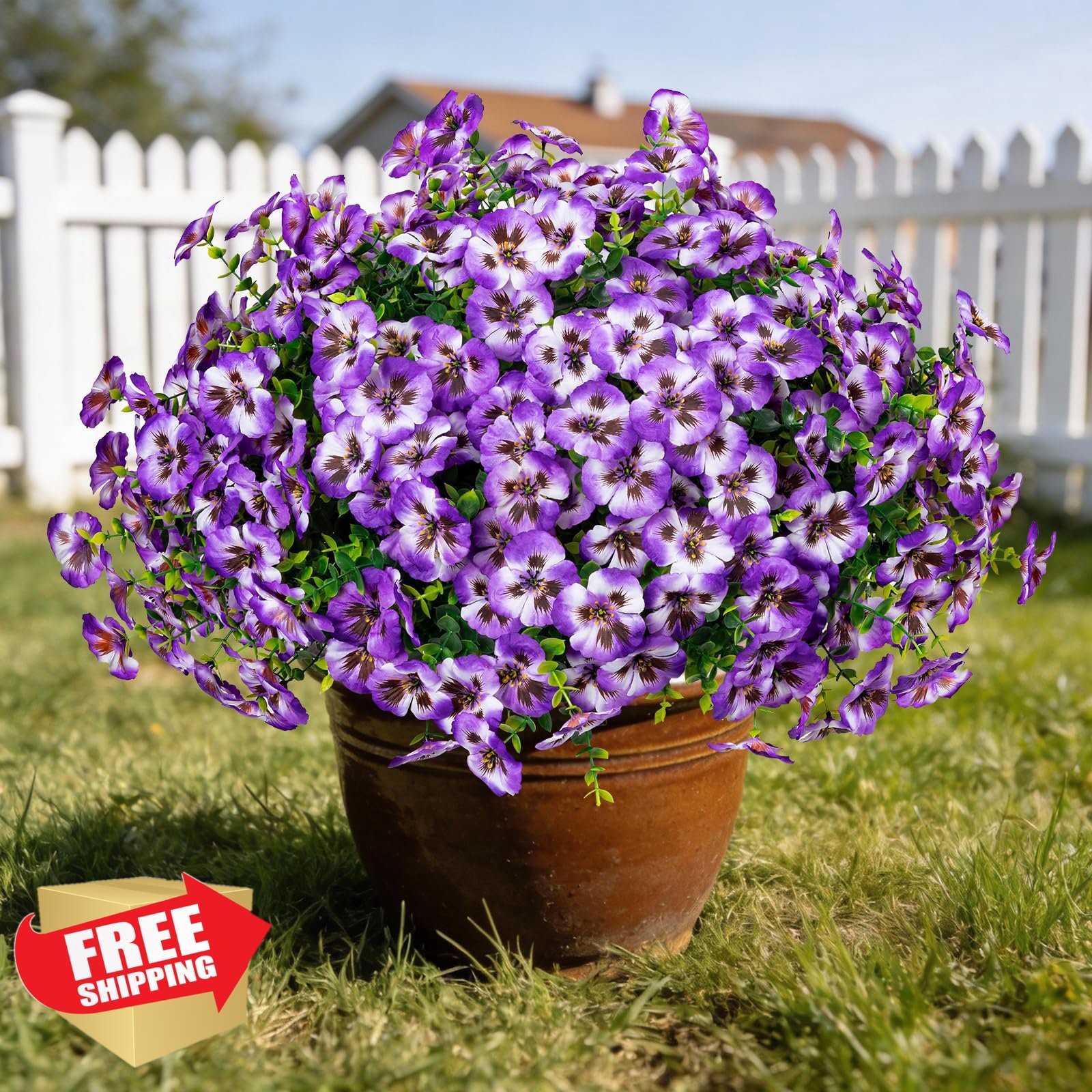 24pc Purple White Faux Pansy Flowers UV Resistant Outdoor
