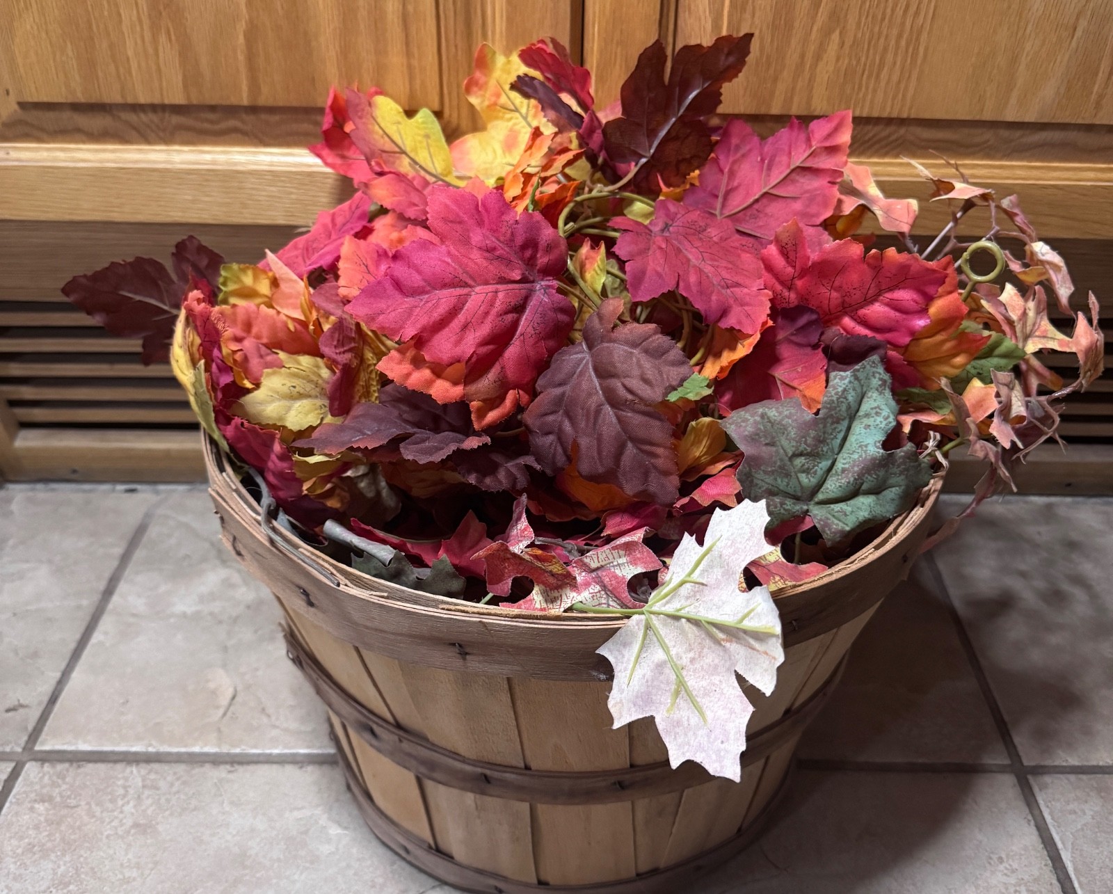 Fall Apple Picking Basket With Faux Fall Colorful Leaves Outdoor Decor