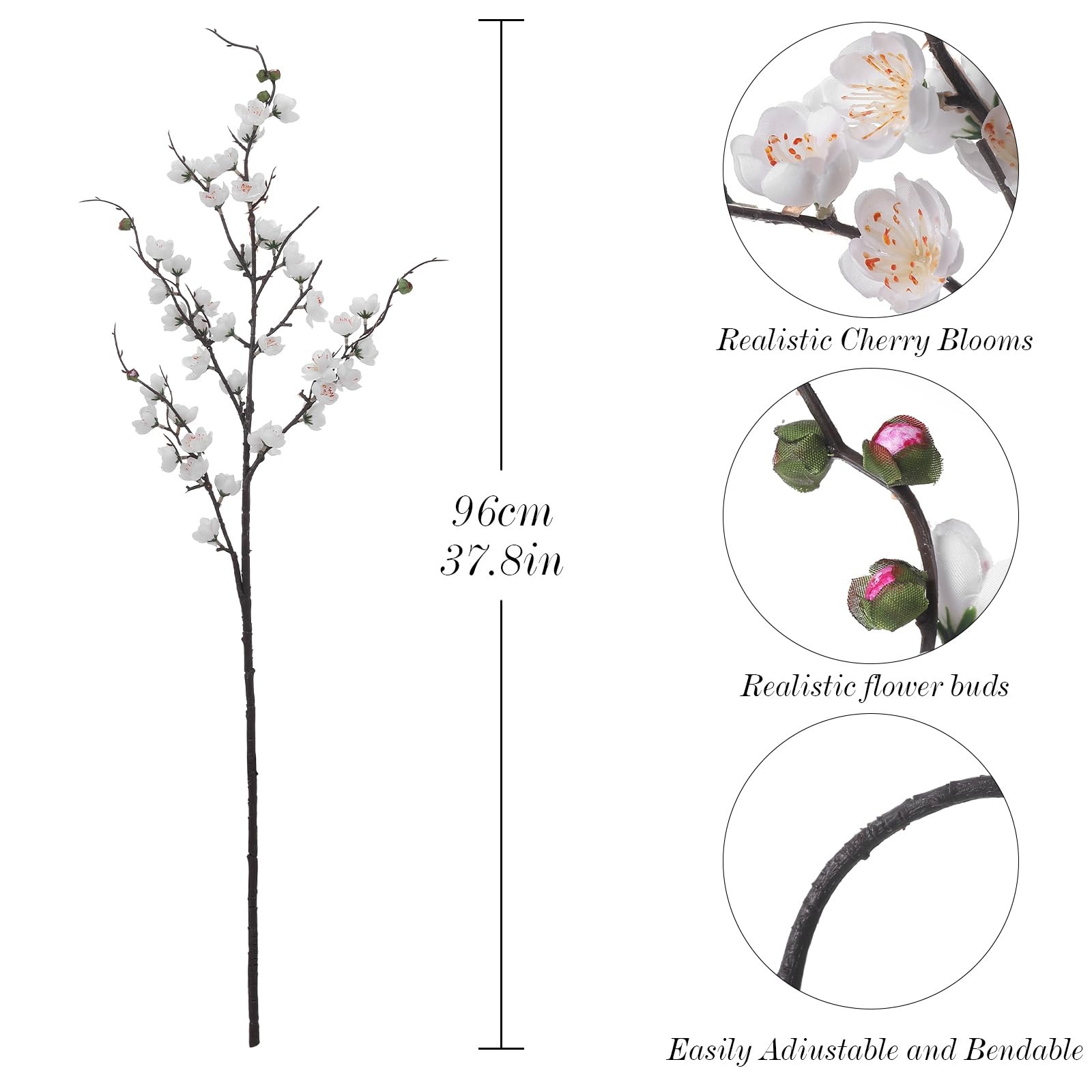 3 PCS Artificial White Cherry Blossom Branches 37.8″ Faux Silk Flowers