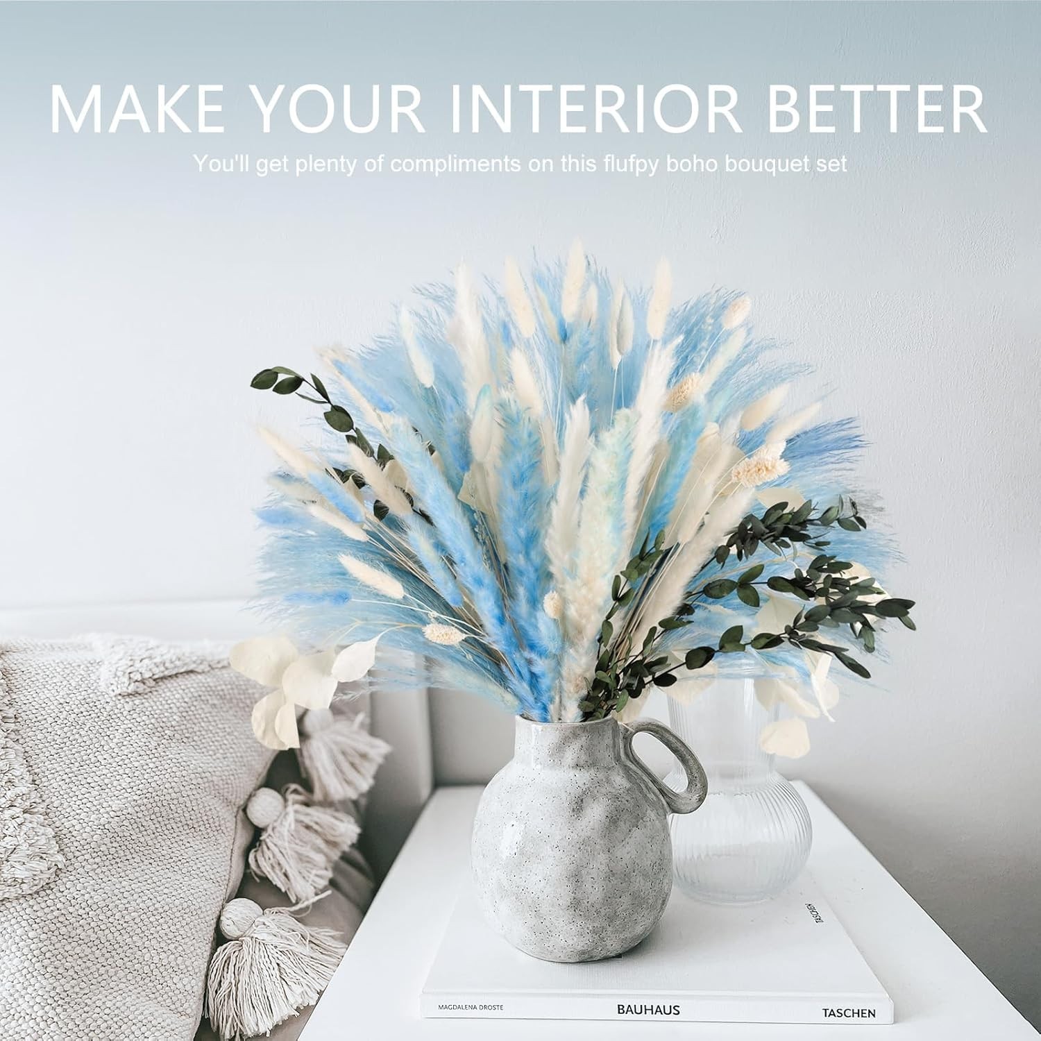 Pampas Grass Decor 101pcs Blue Dried Flowers Boho Indoor Wedding Beach Theme DIY