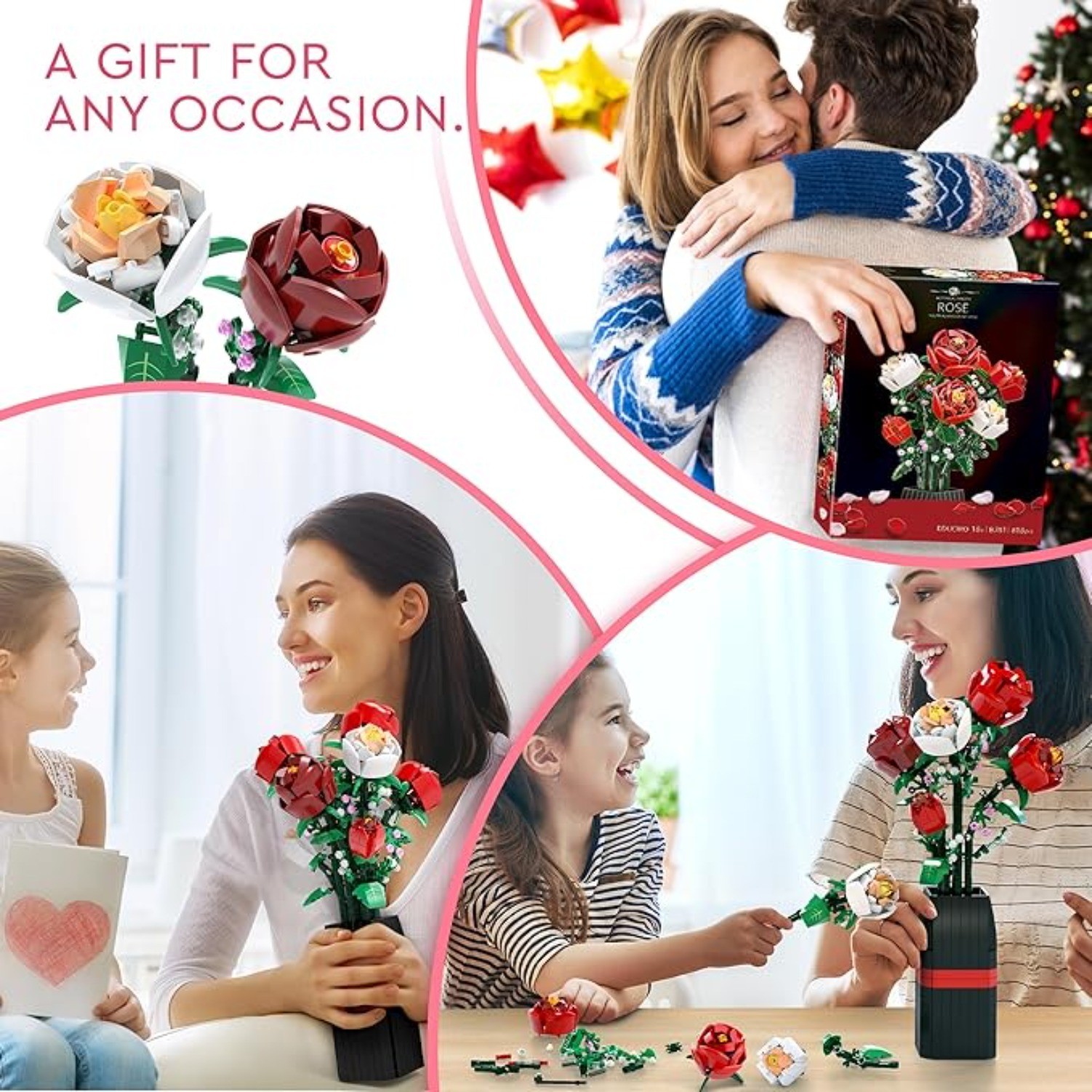 Flowers Bouquet Building Decoration Set with Vase, Gift for Women Girls Boys