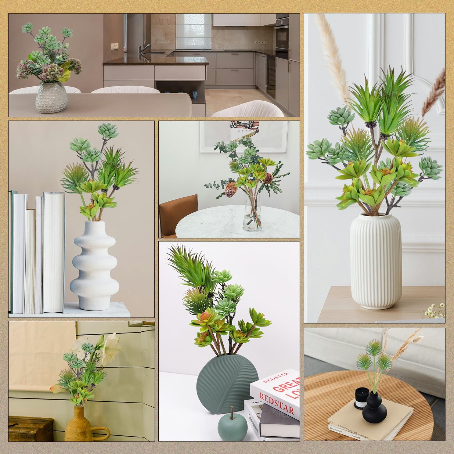 3 PCS Artificial Succulents Branch Fake Plants Unpotted 3-Heads Flocked Decor