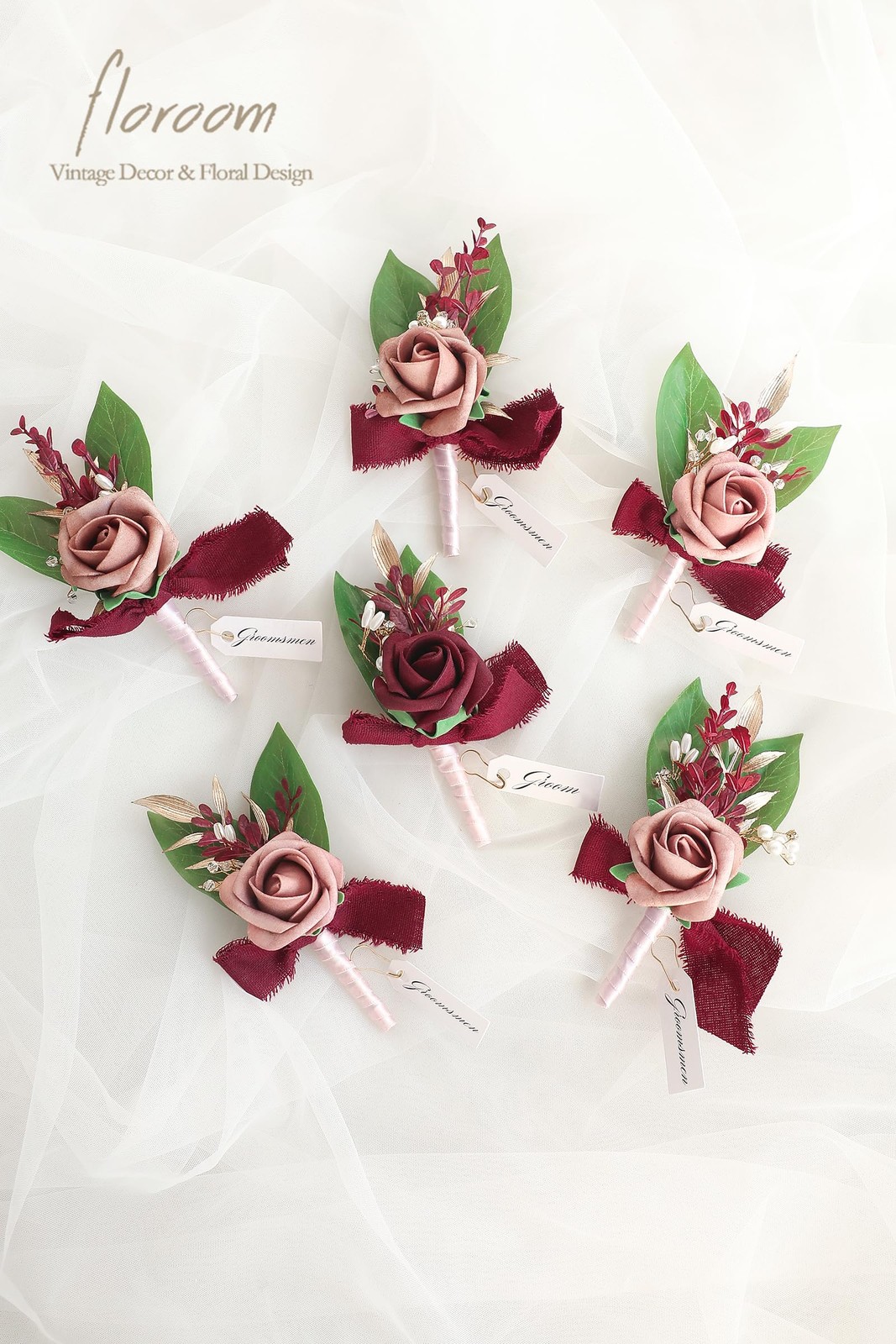 Dusty Rose Burgundy Foam Rose Wedding Boutonnieres With Pins 6 PCS