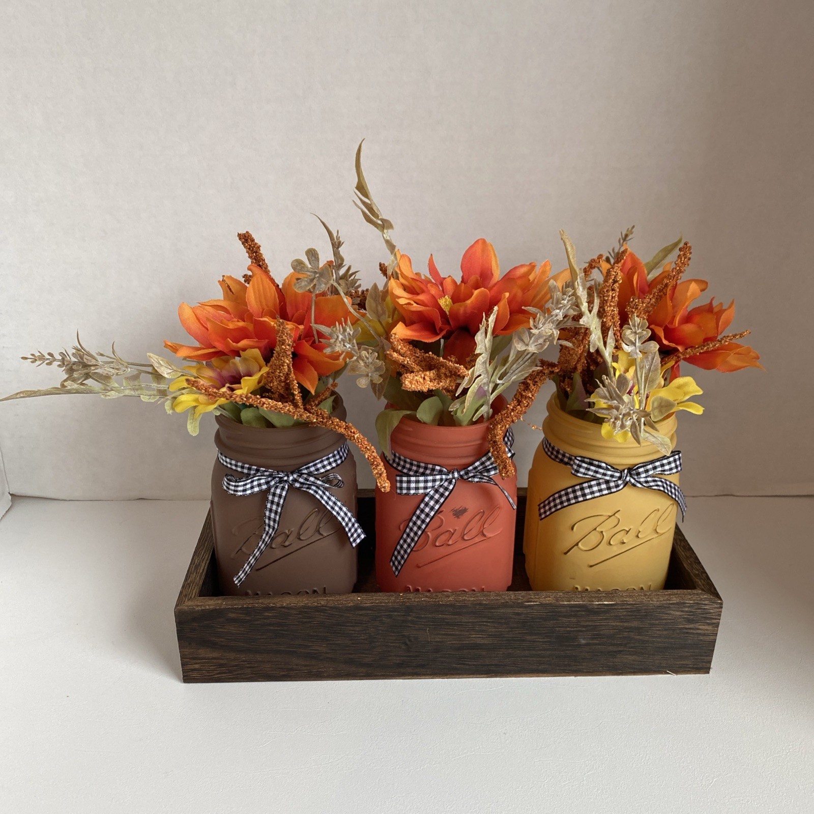 Painted Mason Jars Floral Decor In Tray Light Weight Fall Colors Checked Bows