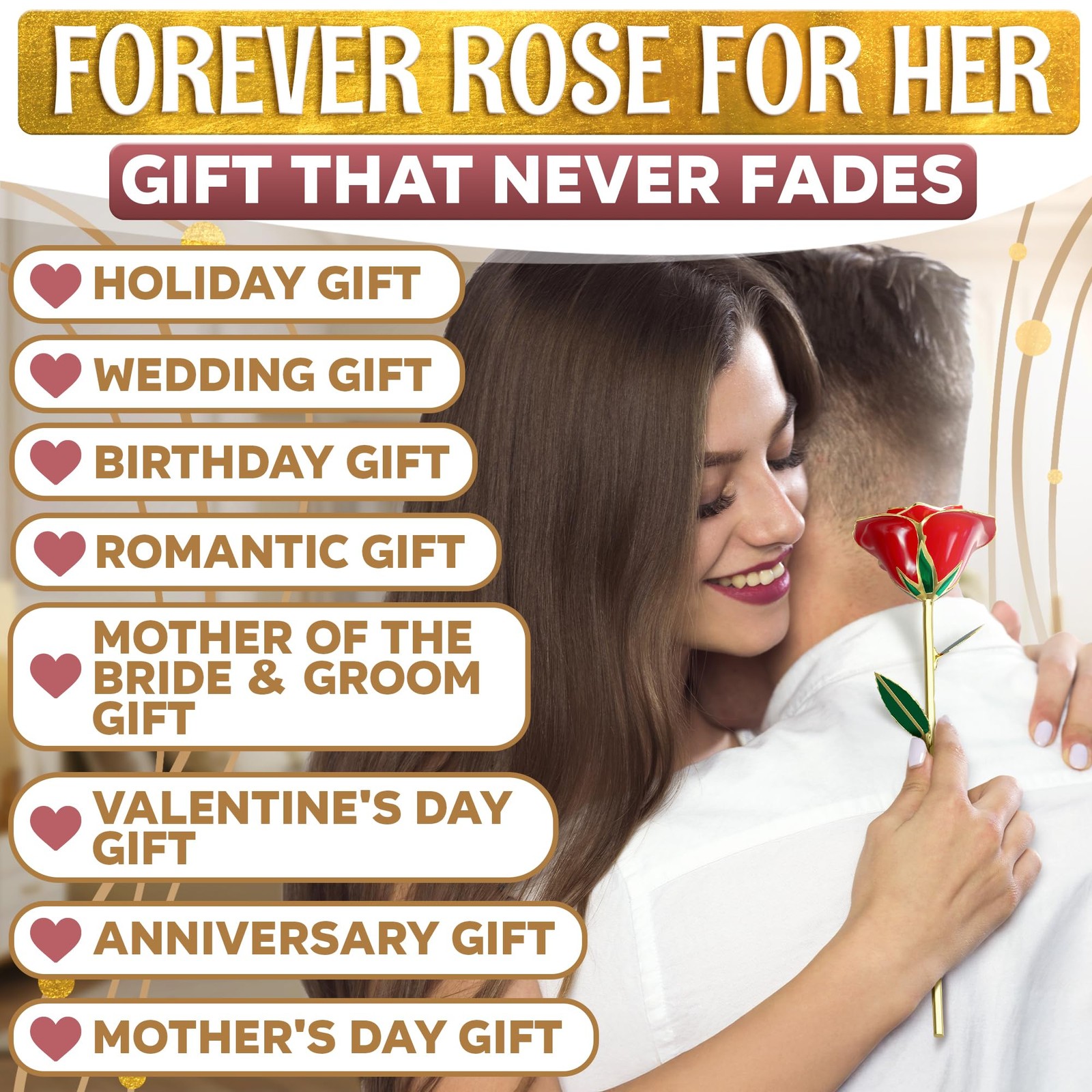 24K Gold Dipped Real Rose Flower for Girlfriend Wife Birthday Valentine’s Day