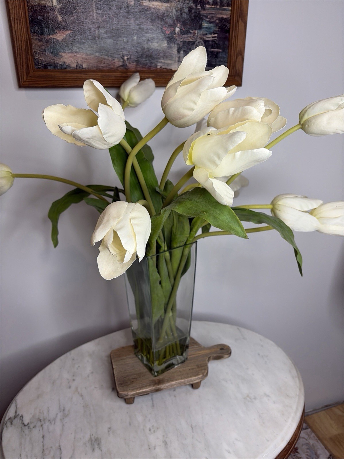 Artificial White Tulip Arrangement in Tall Glass Vase Faux Flower Centerpiece