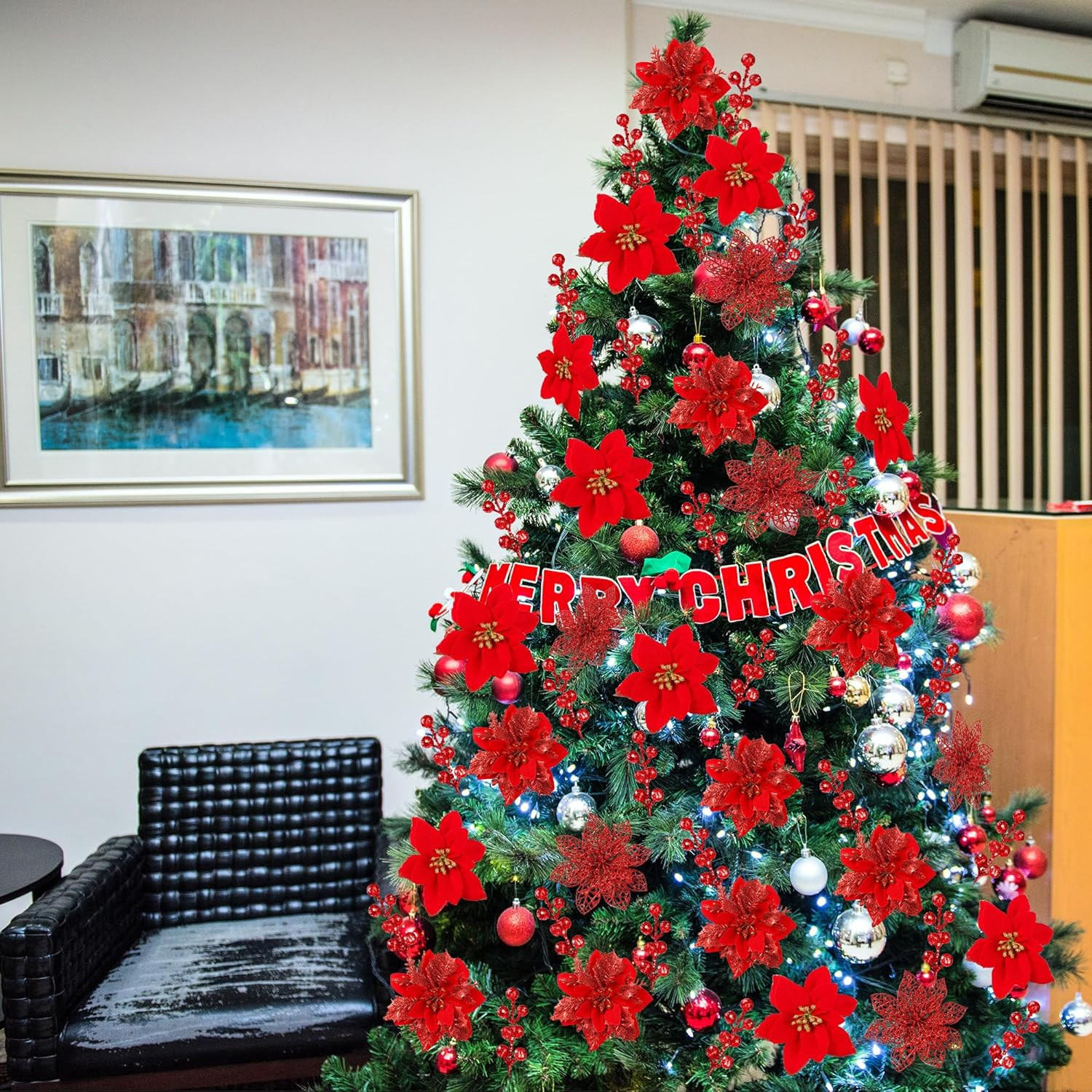 30 Pcs 3 Styles Christmas Glitter Poinsettia Flowers Artificial Berry Picks Chri