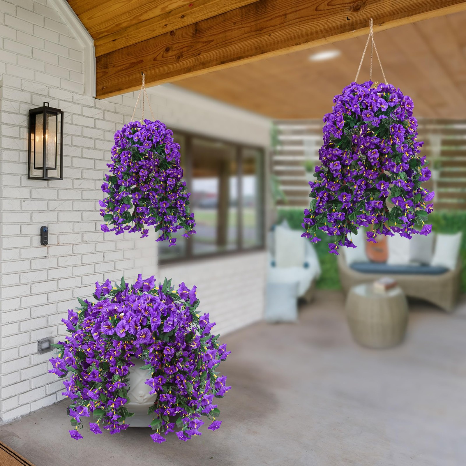 Silk Artificial Hanging Plants, 2PCS UV Resistant Morning Glory Vines, Purple