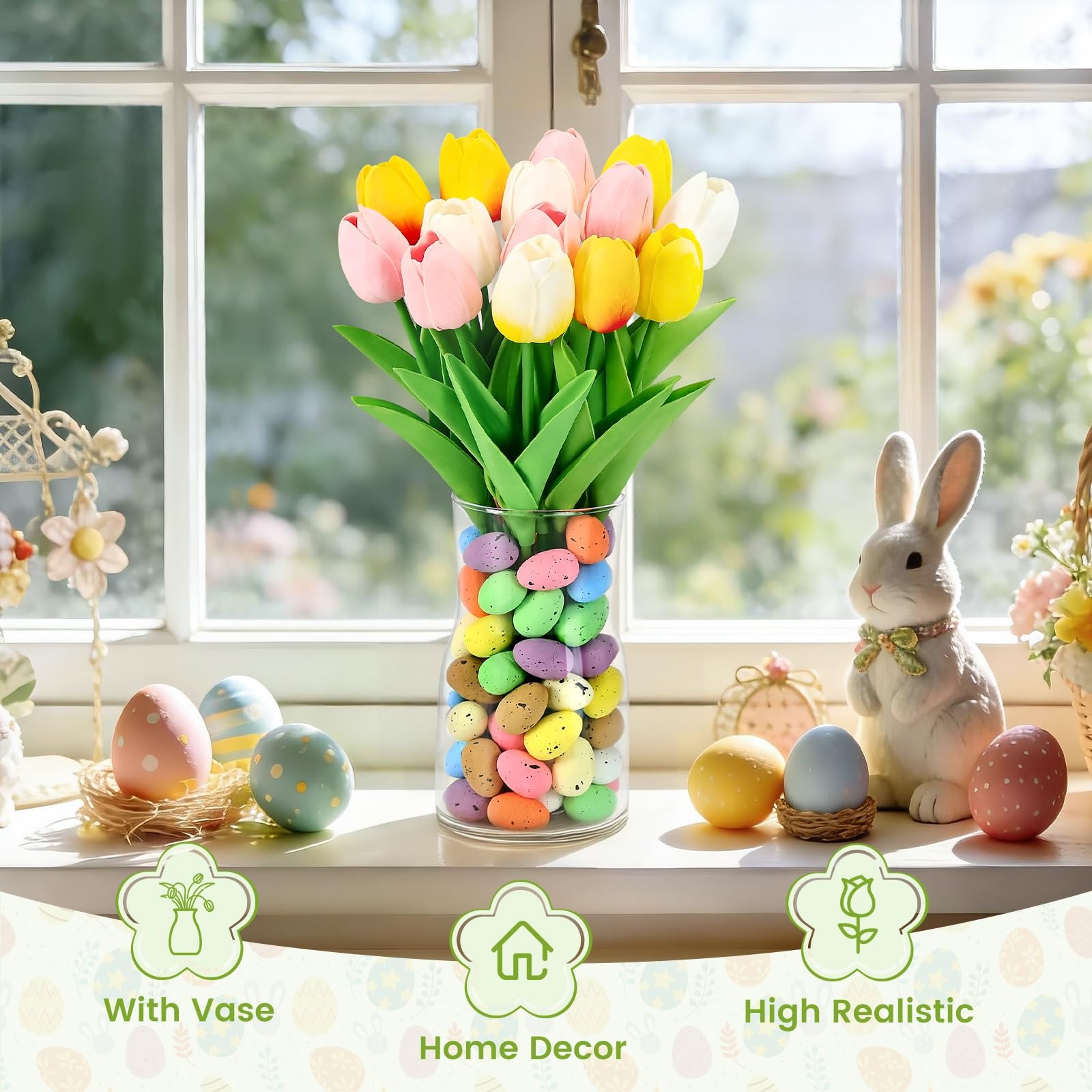 Spring Easter Decorations 12 Artificial Tulips with Easter Colorful Eggs and …