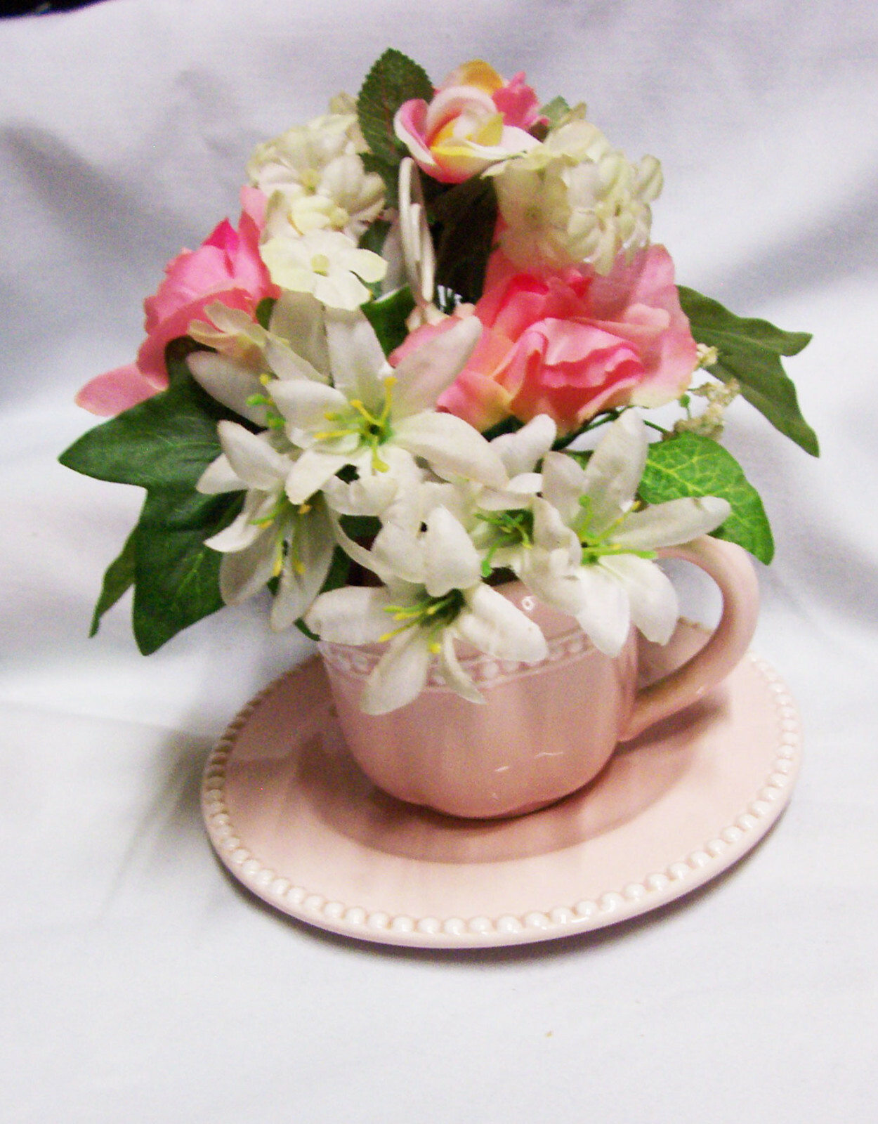 CUP & SAUCER SET FIGIS 3″ H Unique w/Artificial Pink & White Flowers 2009 (A1)
