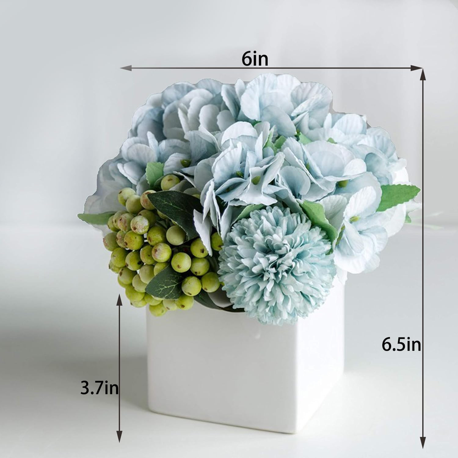 Flores falsas en jarrón de cerámica hortensias artificiales