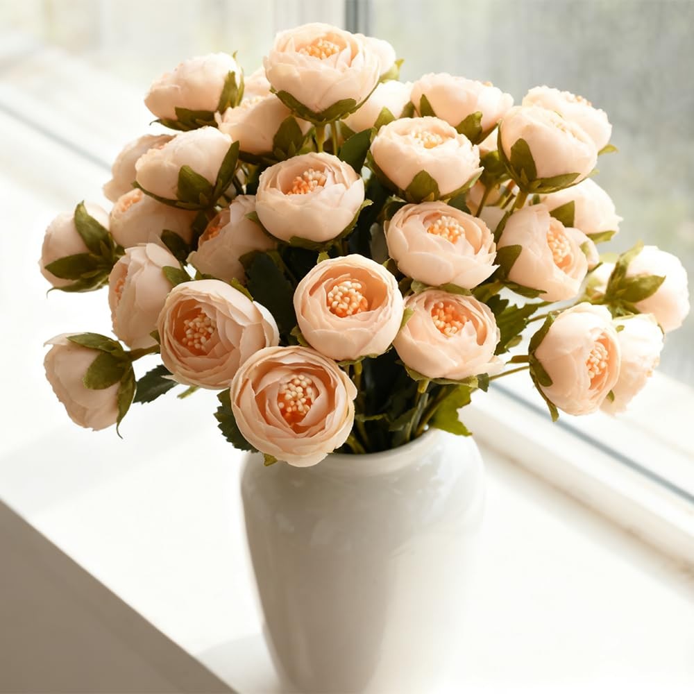Artificial Peony Flower Heads, Cream White with Peach Center, Silk Fabric wit…