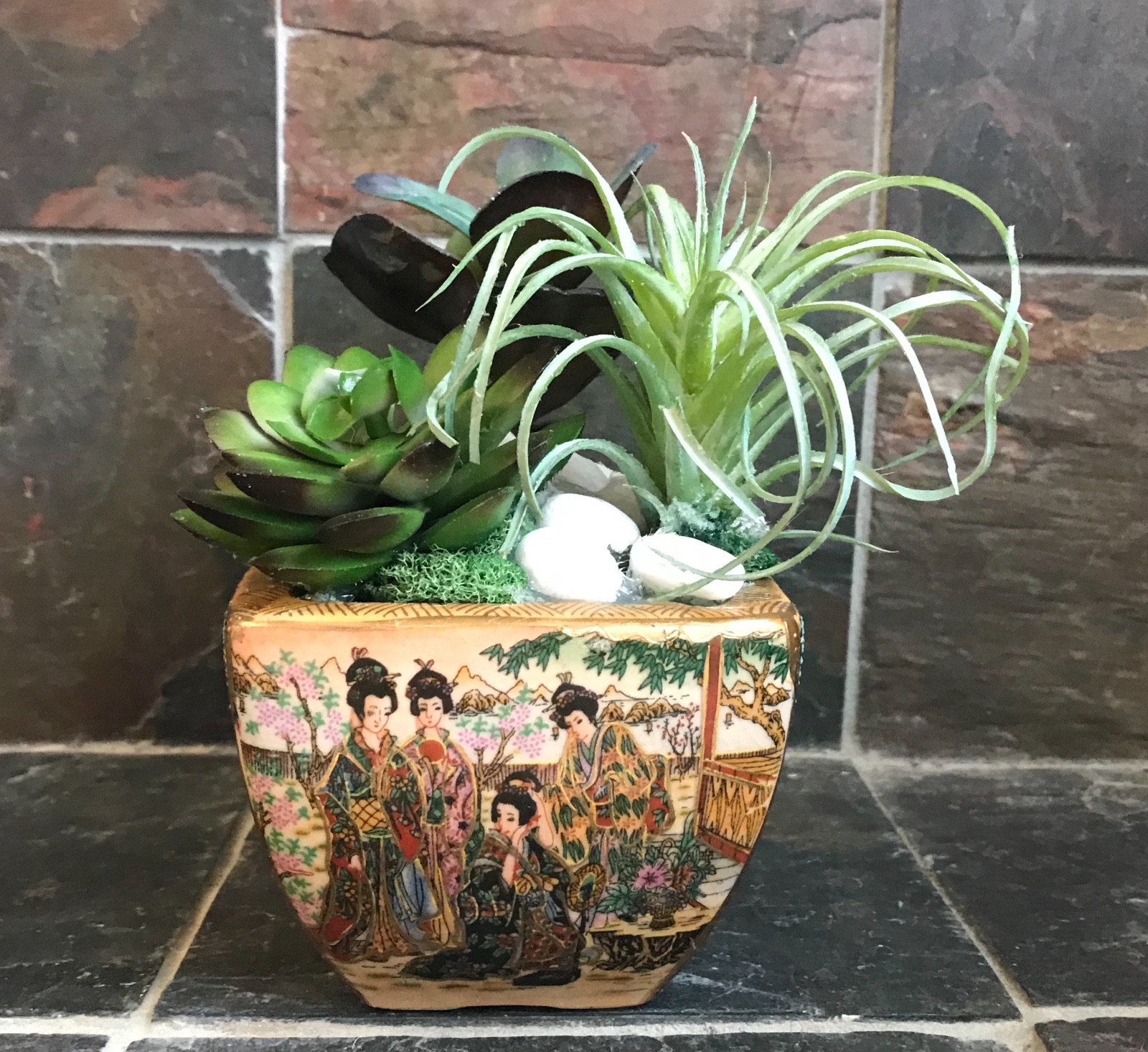 Artificial Green Grass Succulent Planter in a Satsuma Bowl with Geishas
