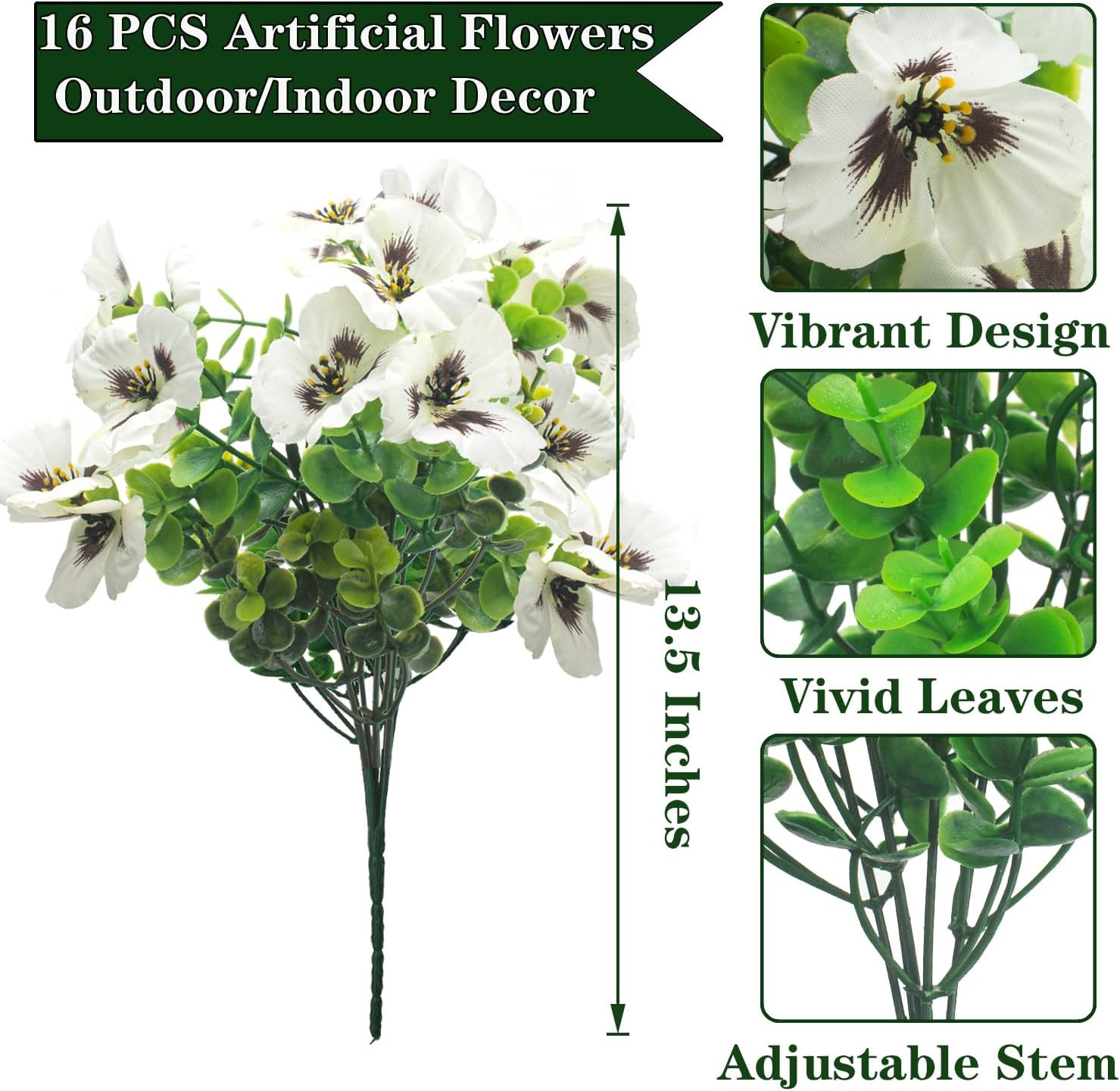 16 Bundles White Artificial Pansy Flowers – UV Resistant for Home & Garden Decor