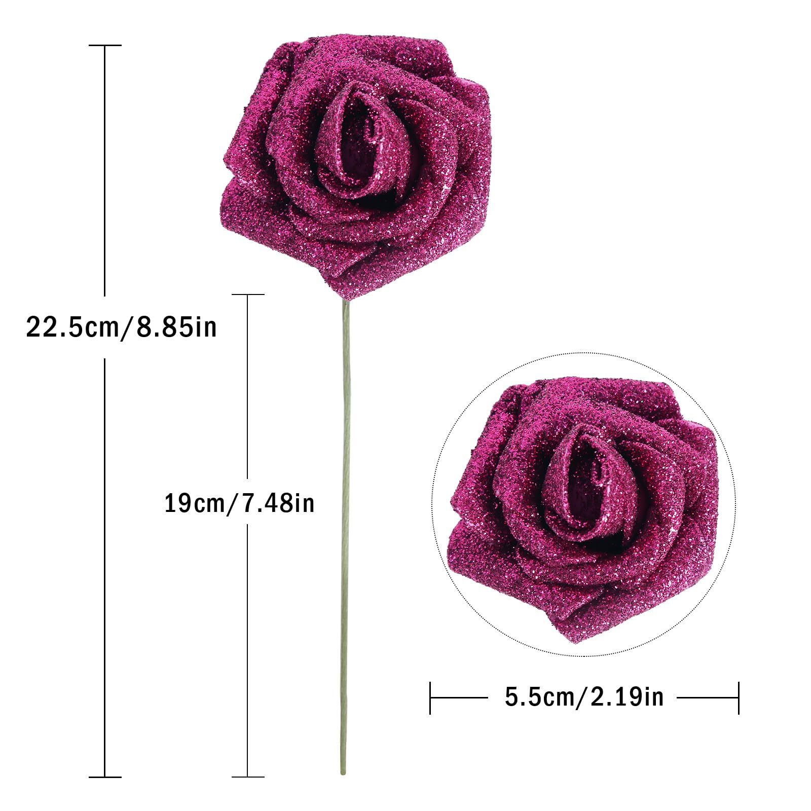 25-Piece Glitter Roses Deep Pink Foam with Stems for Wedding Party Decor