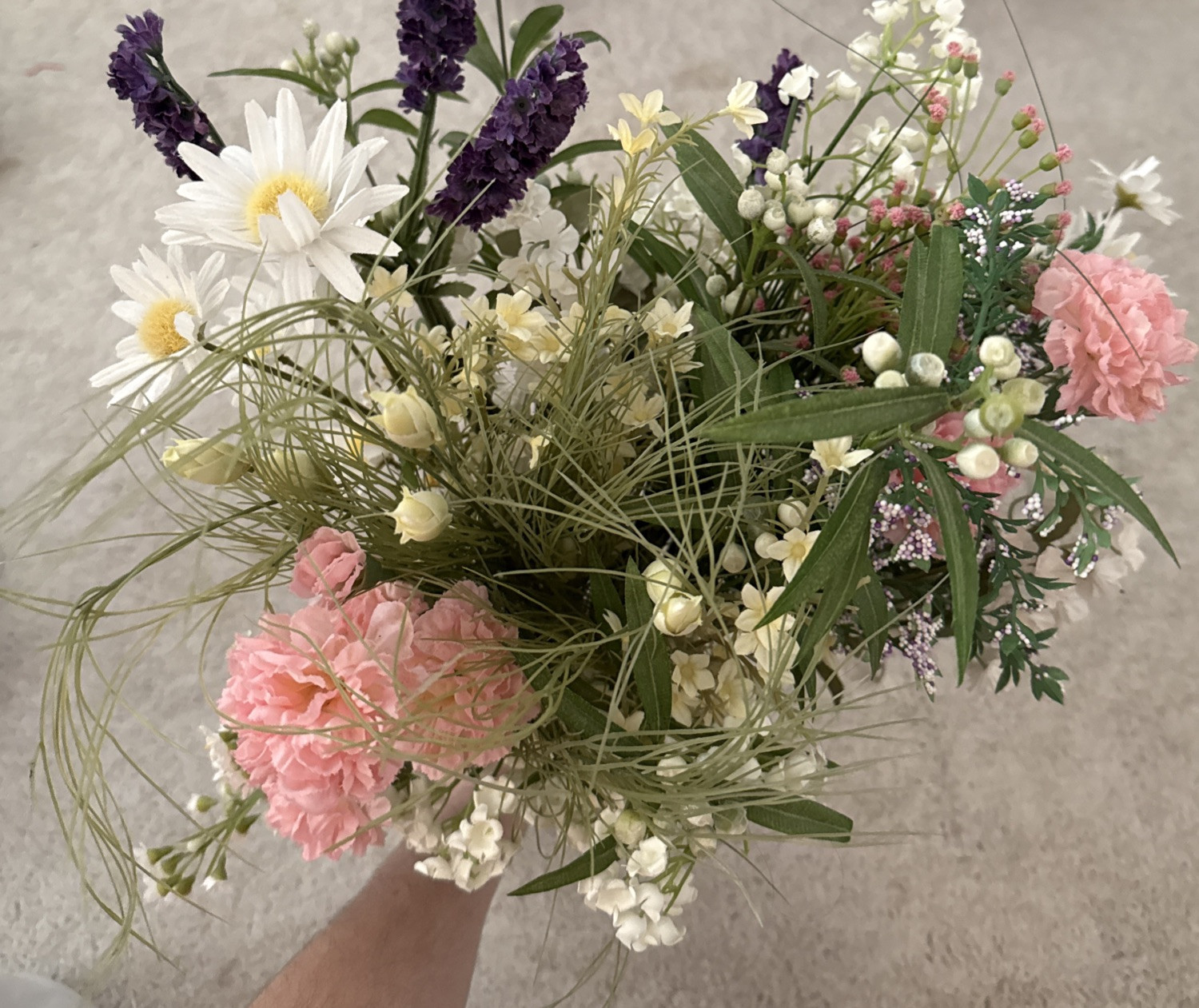 Floral Arrangement Bouquet Flowers Pink Purple White Yellow Green Rustic Wild