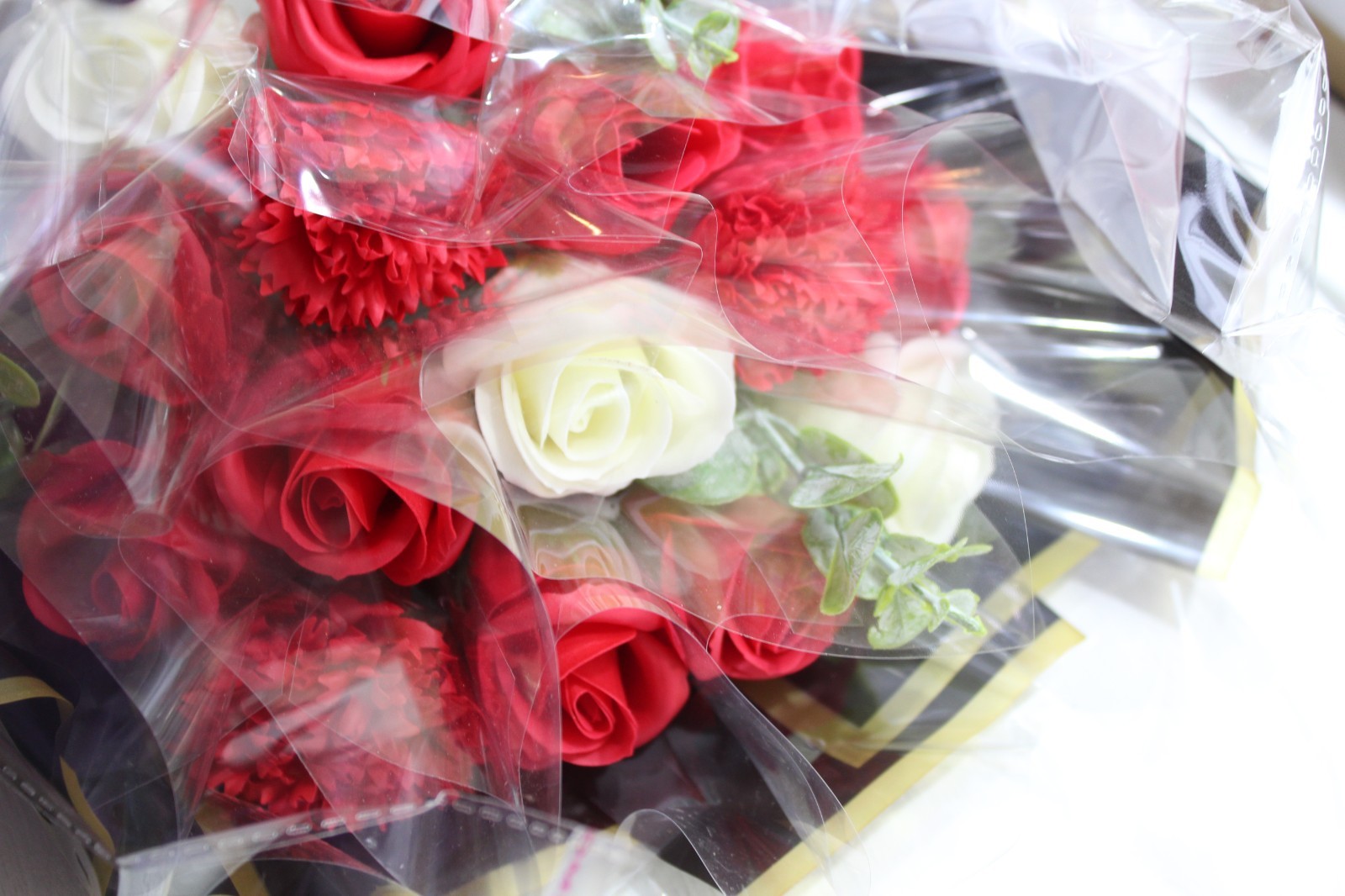 Artificial Flower Bouquet, Red White Roses, Gift Box