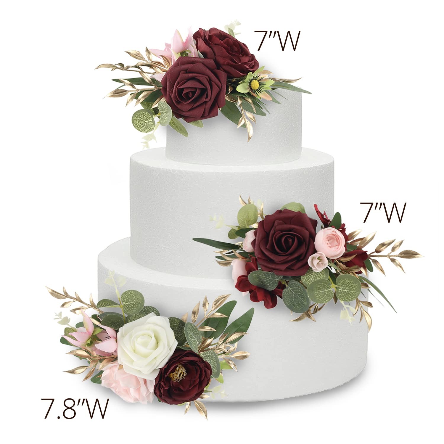 Premade Burgundy Flowers Cake Toppers Wedding Birthday Baby Shower Decor 3 PCS