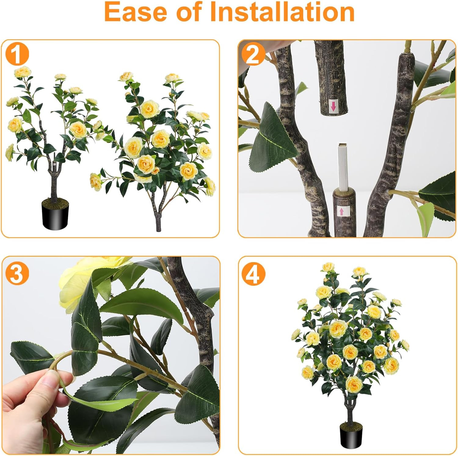 3.6FT Artificial Camellia Fake Tree, Artificial Plants & Flowers with 32 Yellow