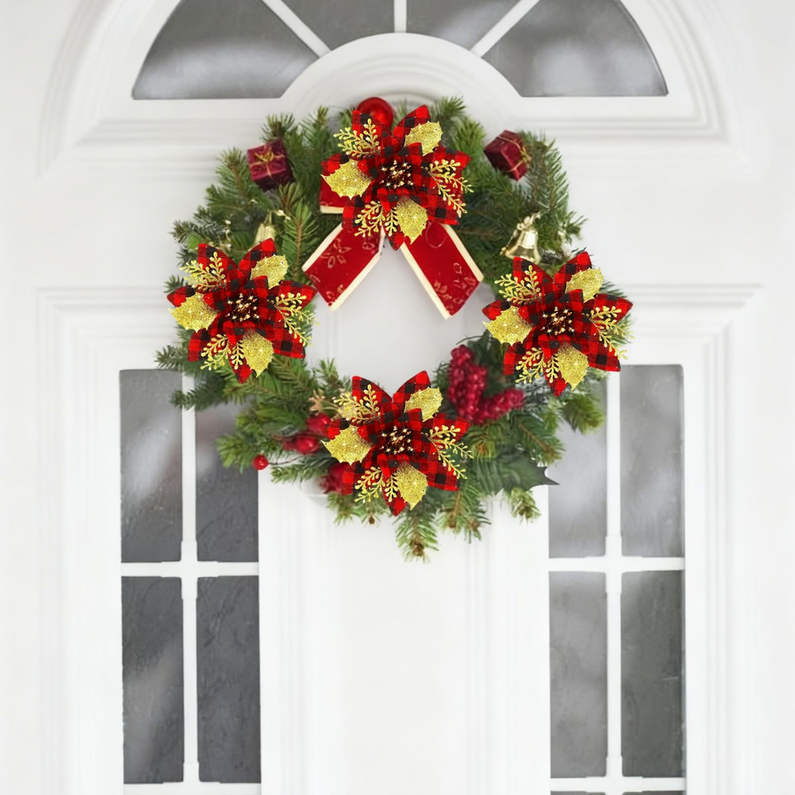 12 PCS Christmas Glitter Artificial Poinsettia Red Flowers Tree Decoration
