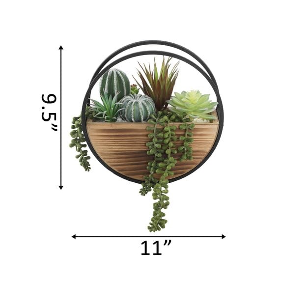 11 Inch Artificial Round Wood Metal Wall Faux Succulent Plant Mix TS1881E