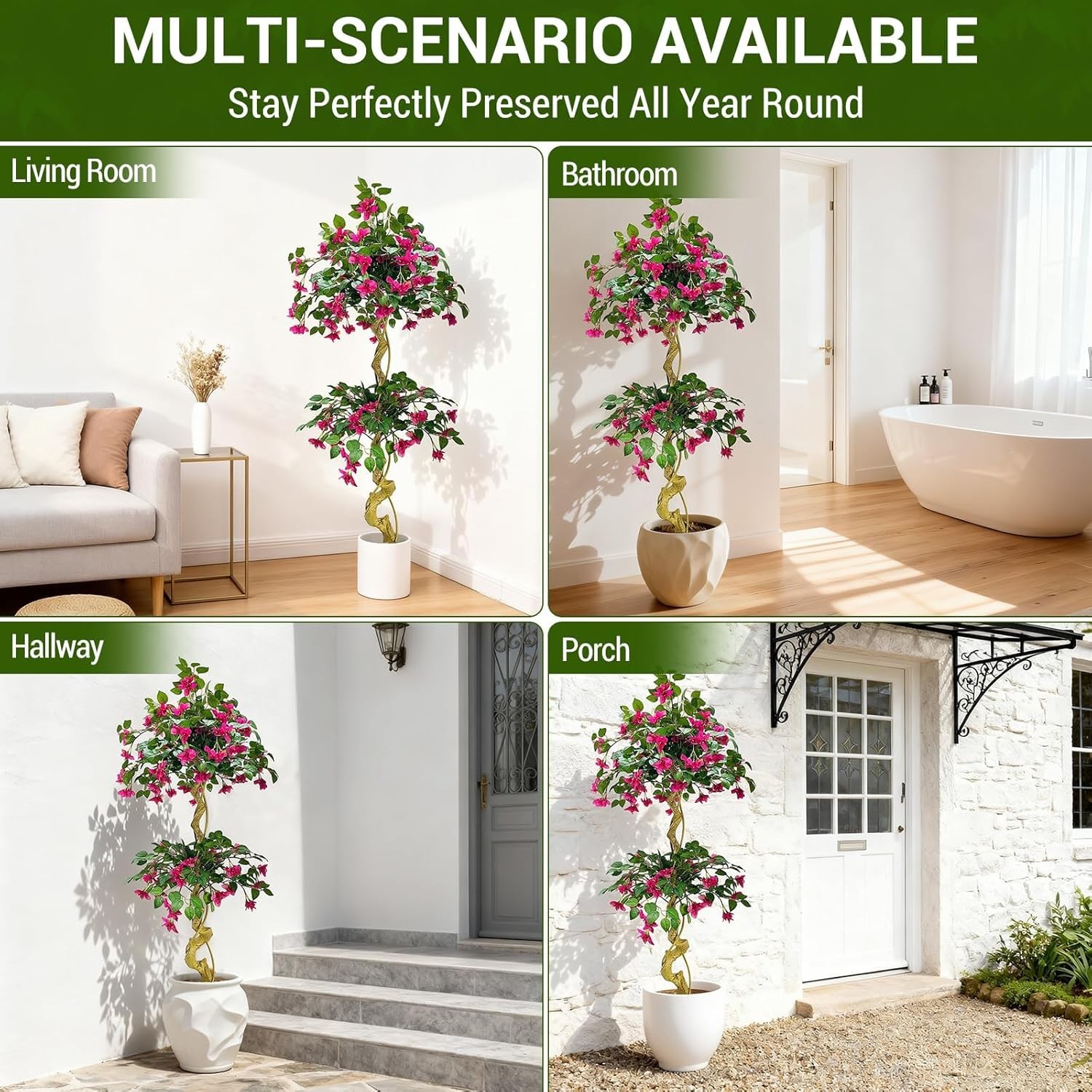 5FT Artificial Bougainvillea Tree in White Pot Fake Pink Flower Decor Faux Plant