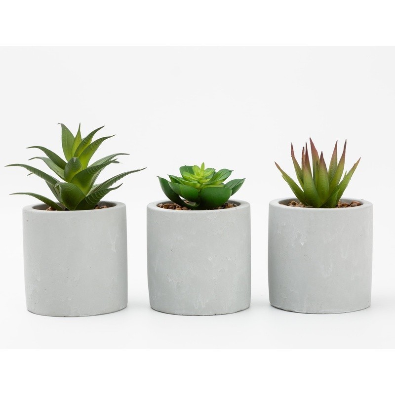 3 Piece Faux Succulent Set Artificial Plants Gray Ceramic Planters Indoor Decor