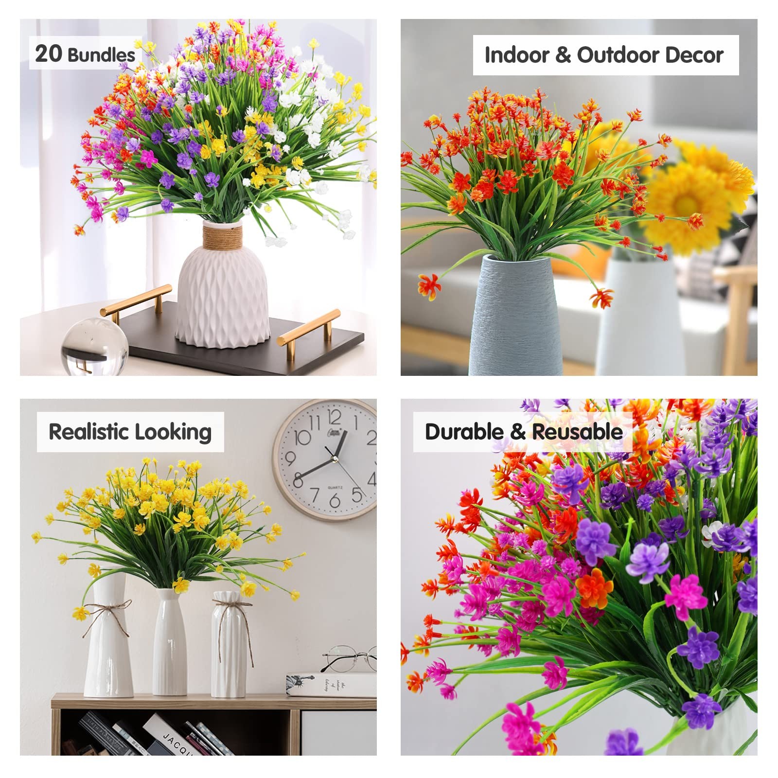 20 Bundles Artificial Fake Flowers, UV Resistant Faux Flowers Arrangement, Fake
