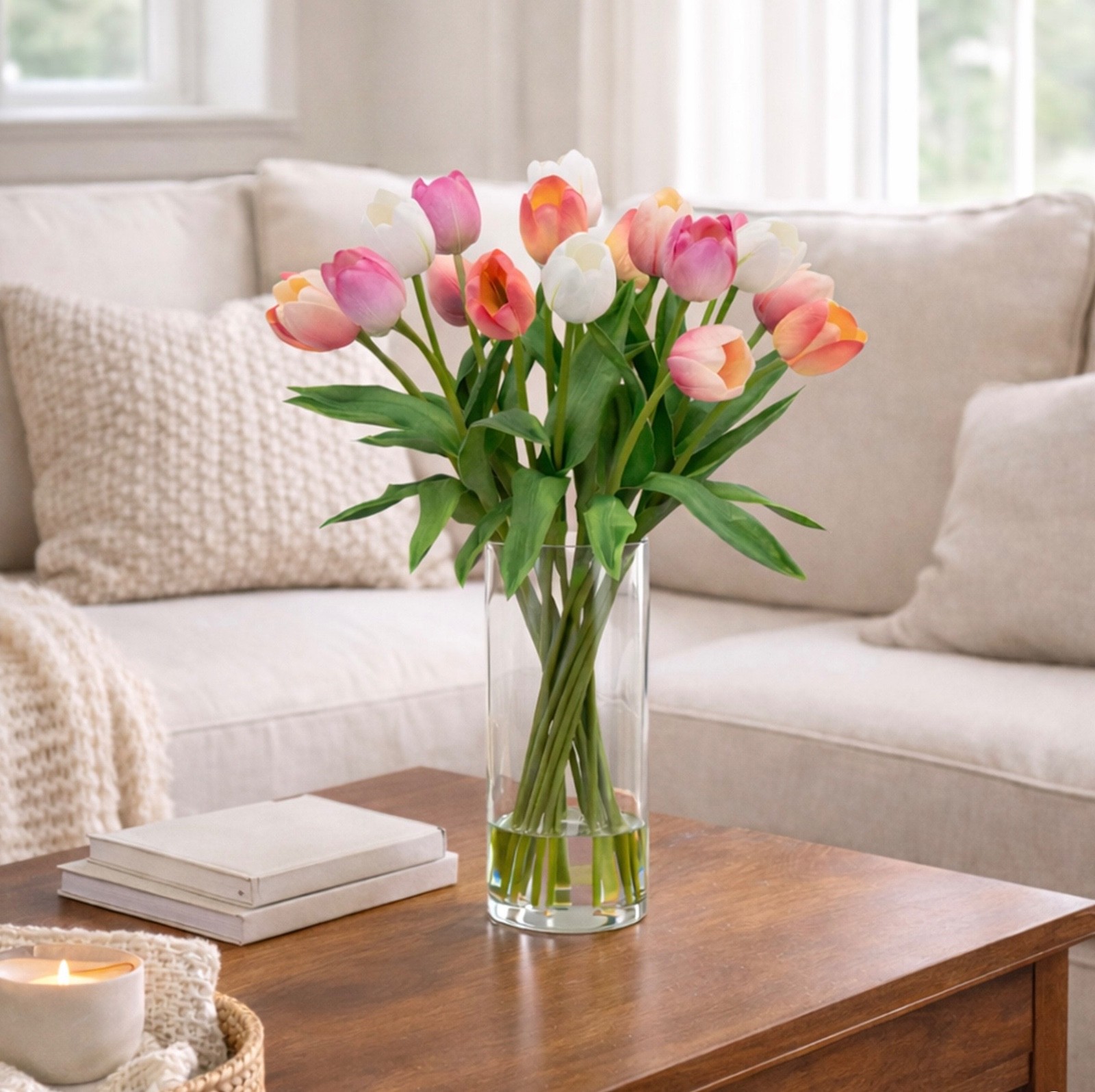 Faux 20″ Tulip Arrangement Lifelike Glass Vase Water Illusion Real Touch Petals
