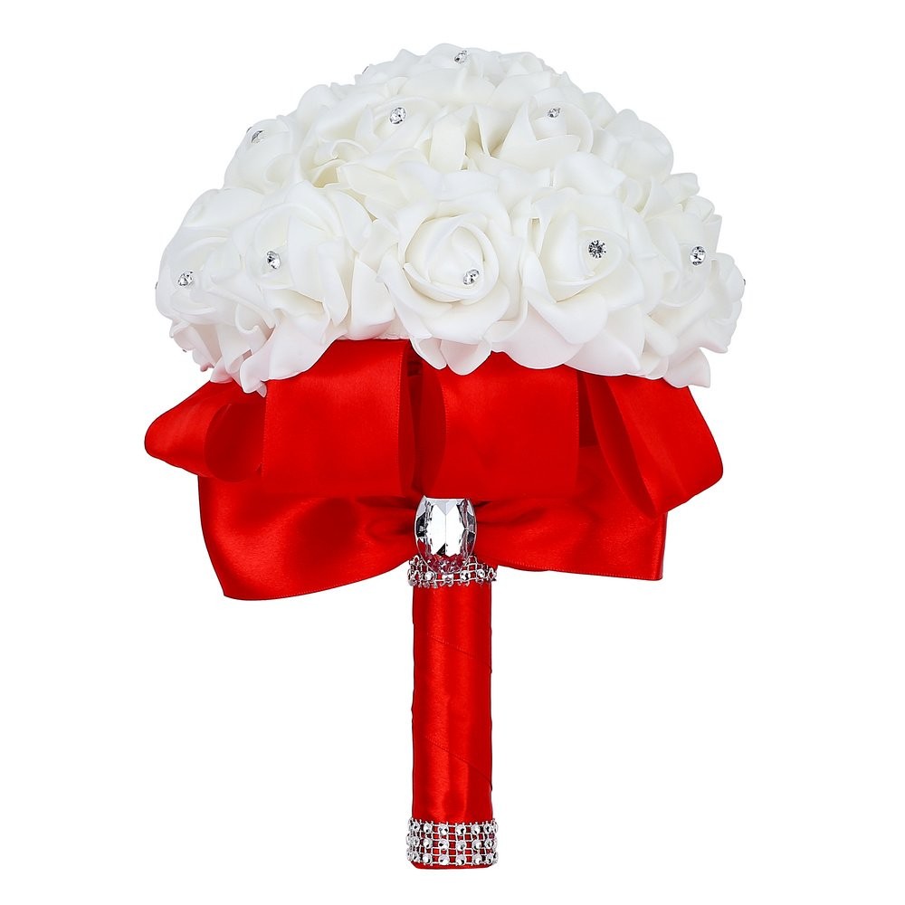 Wedding Bouquet Red Bridesmaid Bridal Crystals Soft Ribbons Artificial Flowers