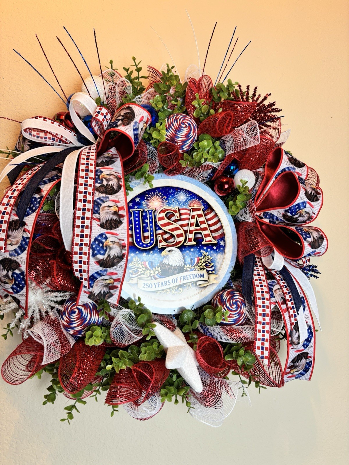 Patriotic Wreath USA Flag Red White Blue Front Door Decor American Eagle