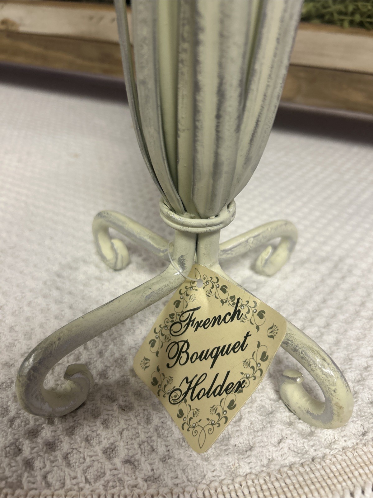 Vintage French Bouquet Holder Aged White Metal Displayer For Floral Cottage New