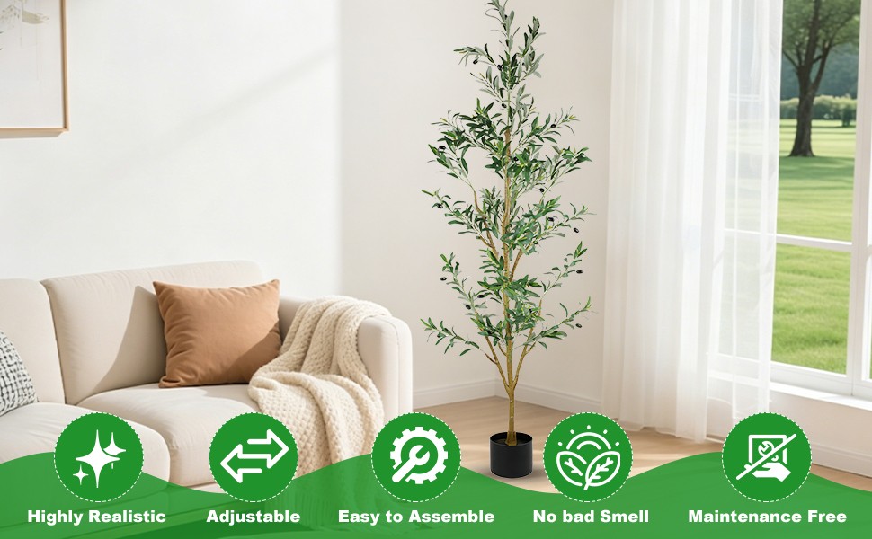 7FT Tall Olive Trees Artificial Indoor Faux Olive Tree Natural Wood Trunk Décor