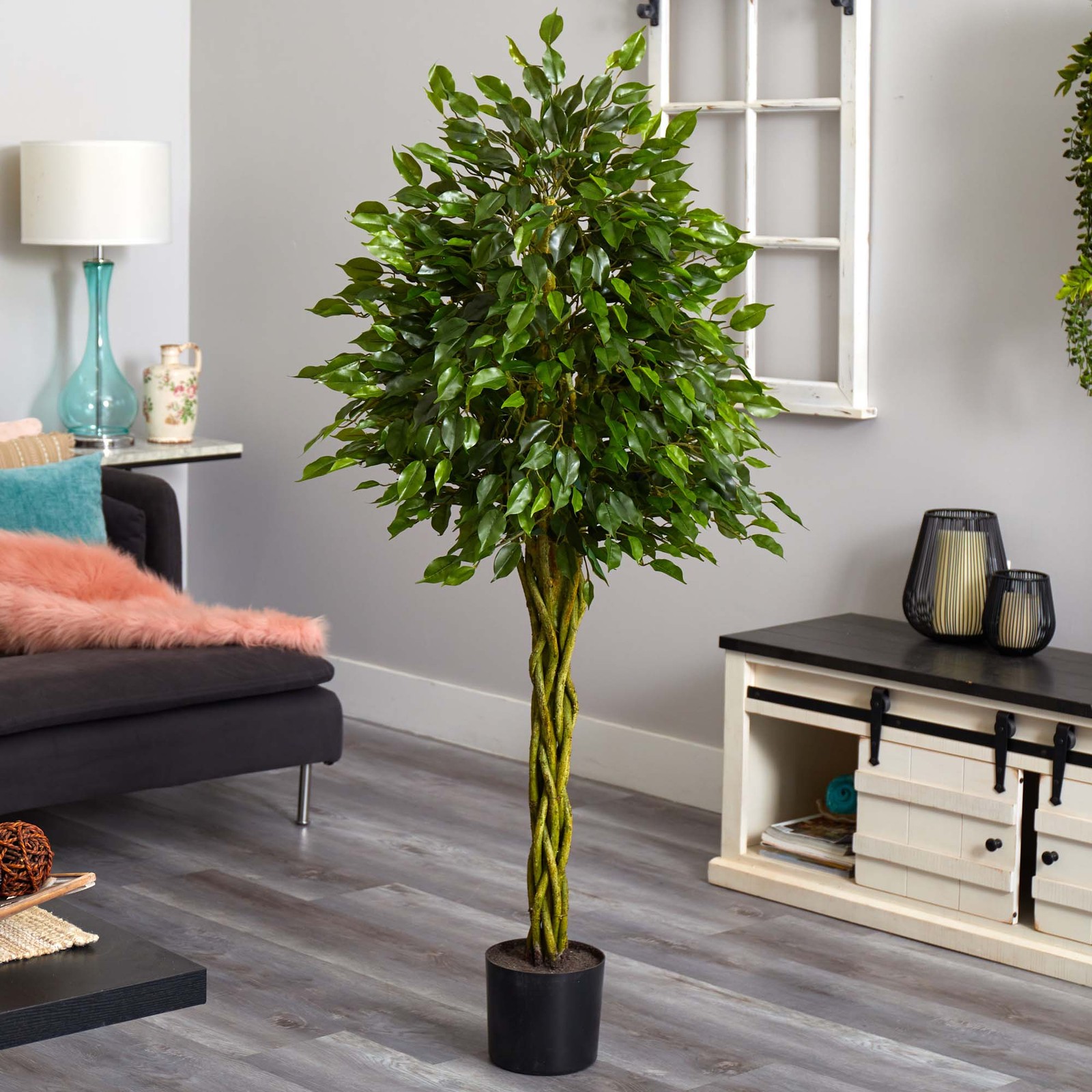 Nearly Natural 5ft Ficus Tree w/ Woven Trunk UV Resistant (Indoor/Outdoor)