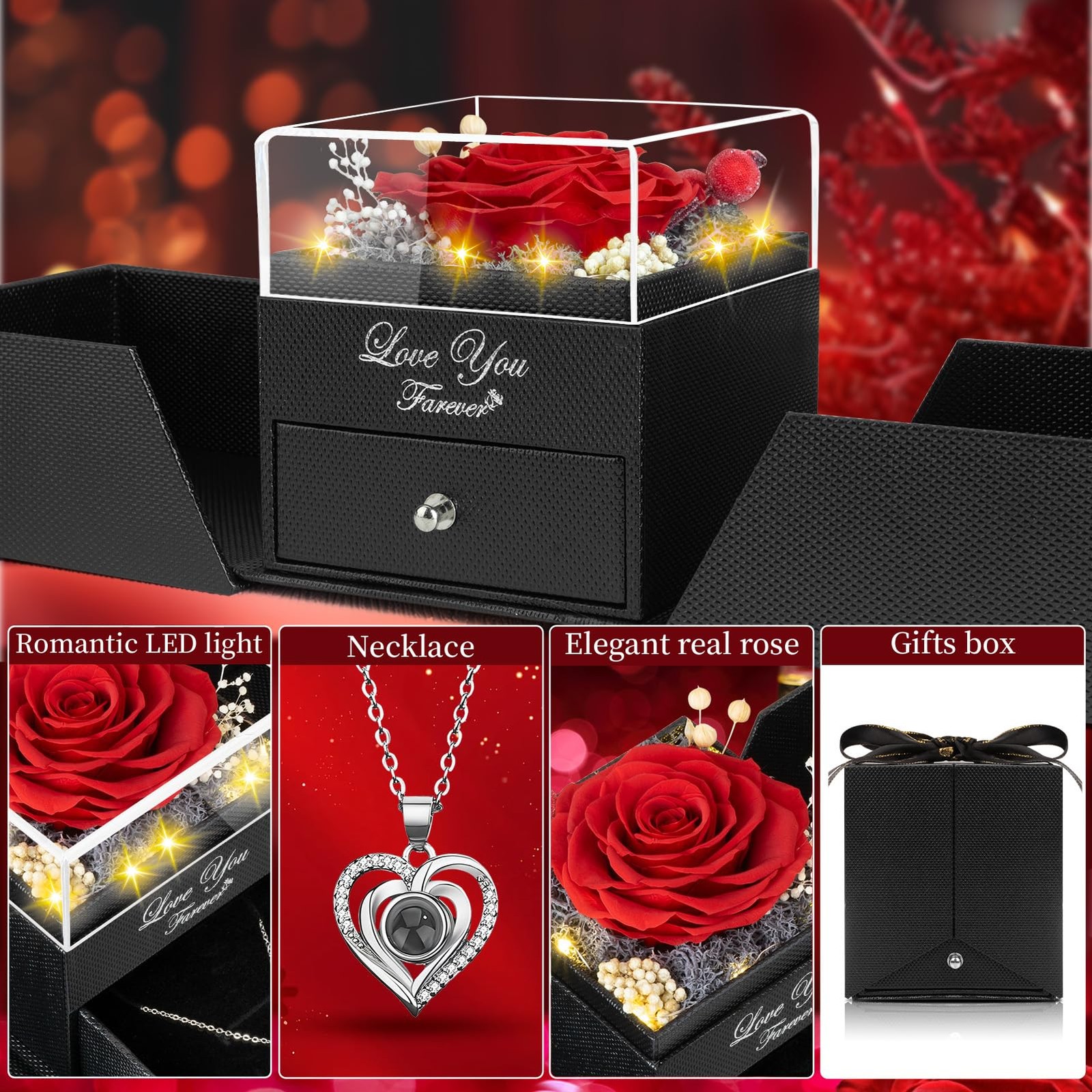 Preserved Red Real Rose with I Love You Necklace -Eternal Flowers Rose Gifts for