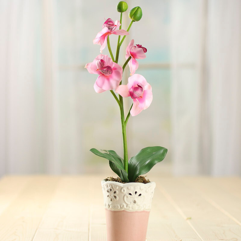 Set of 4 Artificial 15″ Pink with Fuchsia Vanda Orchid Planters